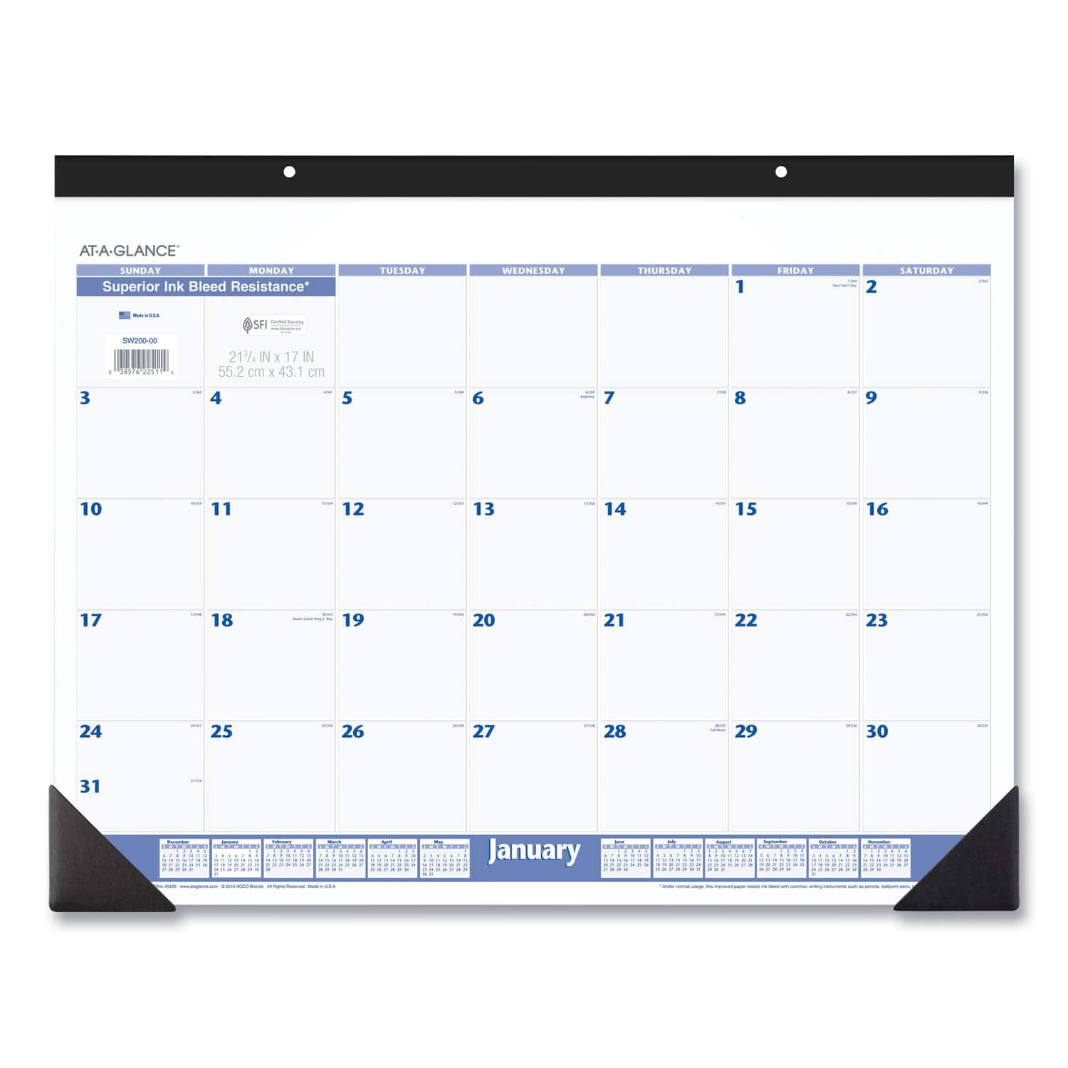 AT-A-GLANCE - Desk Pad 22 x 17 White Sheets Black Binding Black Corners 12 Month Jan to Dec 2026