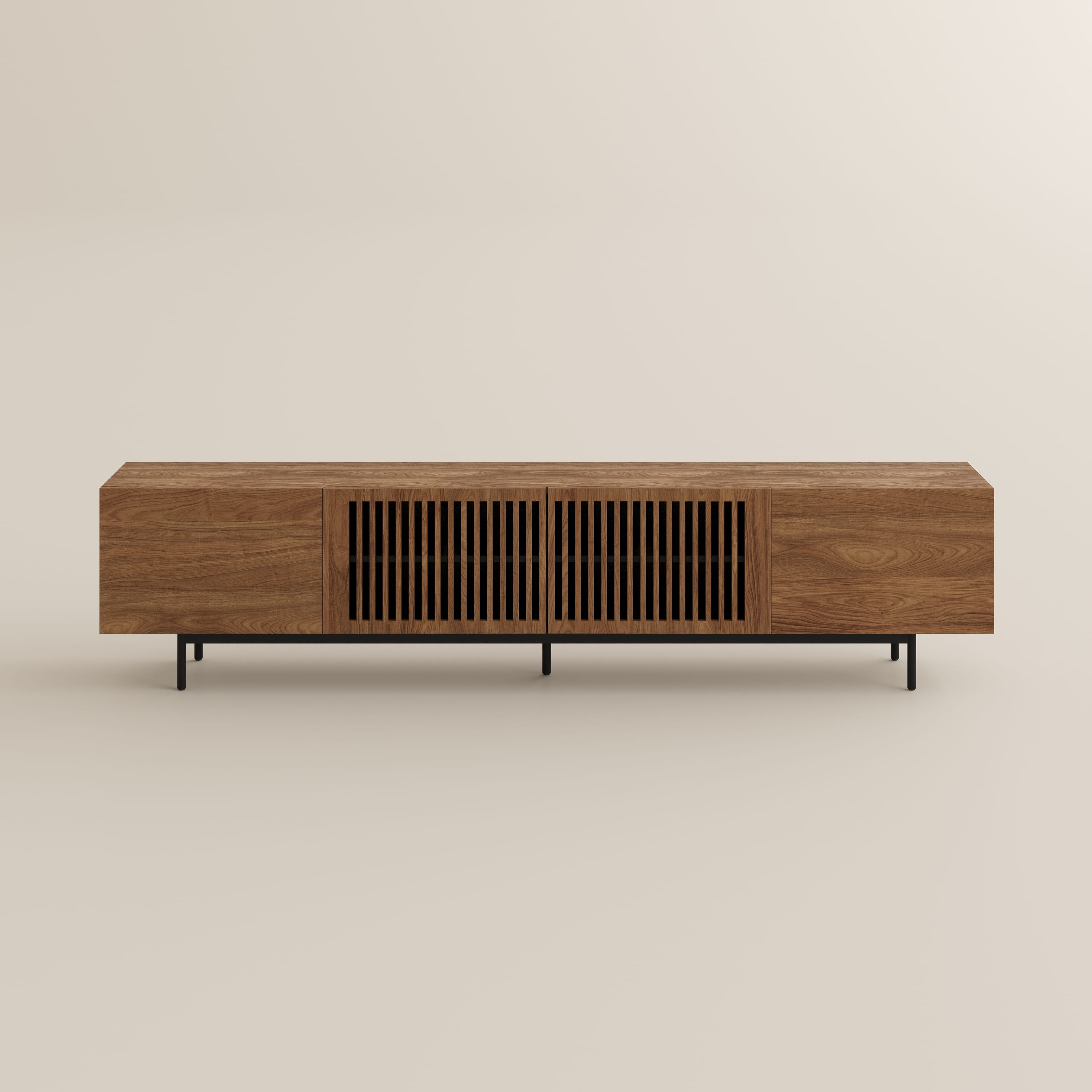 Alt View 6. POVISON - 94" Modern Wood TV Stand, Minimalist Slatted Media Console with Tall-cast Metal Legs, Walnut Veneer - Walnut.