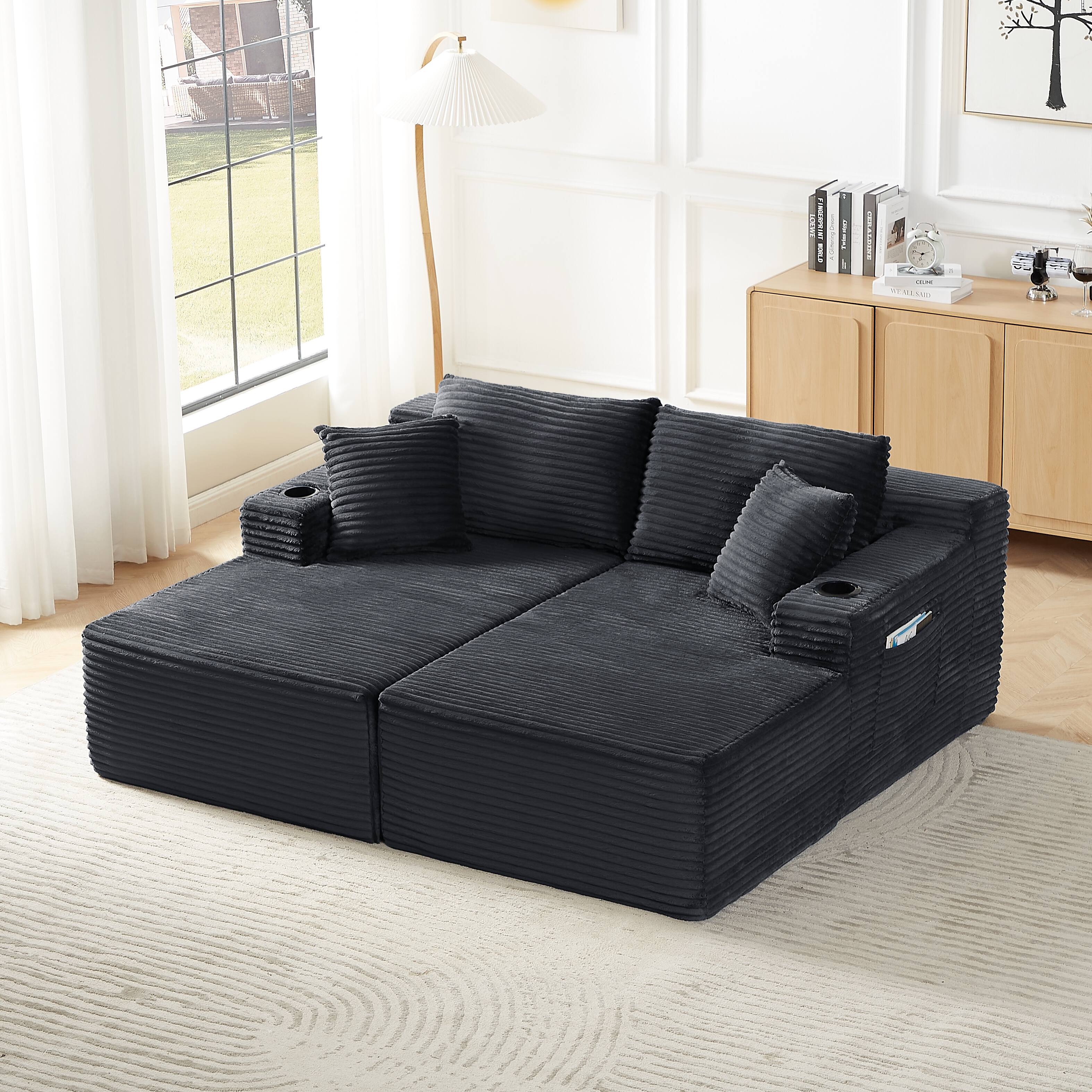 Angle. Aukfa - U-Shaped Sectional Sofa Set - Minimalist Modular Design, Corduroy Cloud Couch for Living Room - Dark Gray.