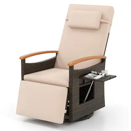 Front. Costway - Outdoor 360° Swivel Rattan Recliner Chair Patio Wicker Chaise Lounge Chair - Beige + Mix Brown.
