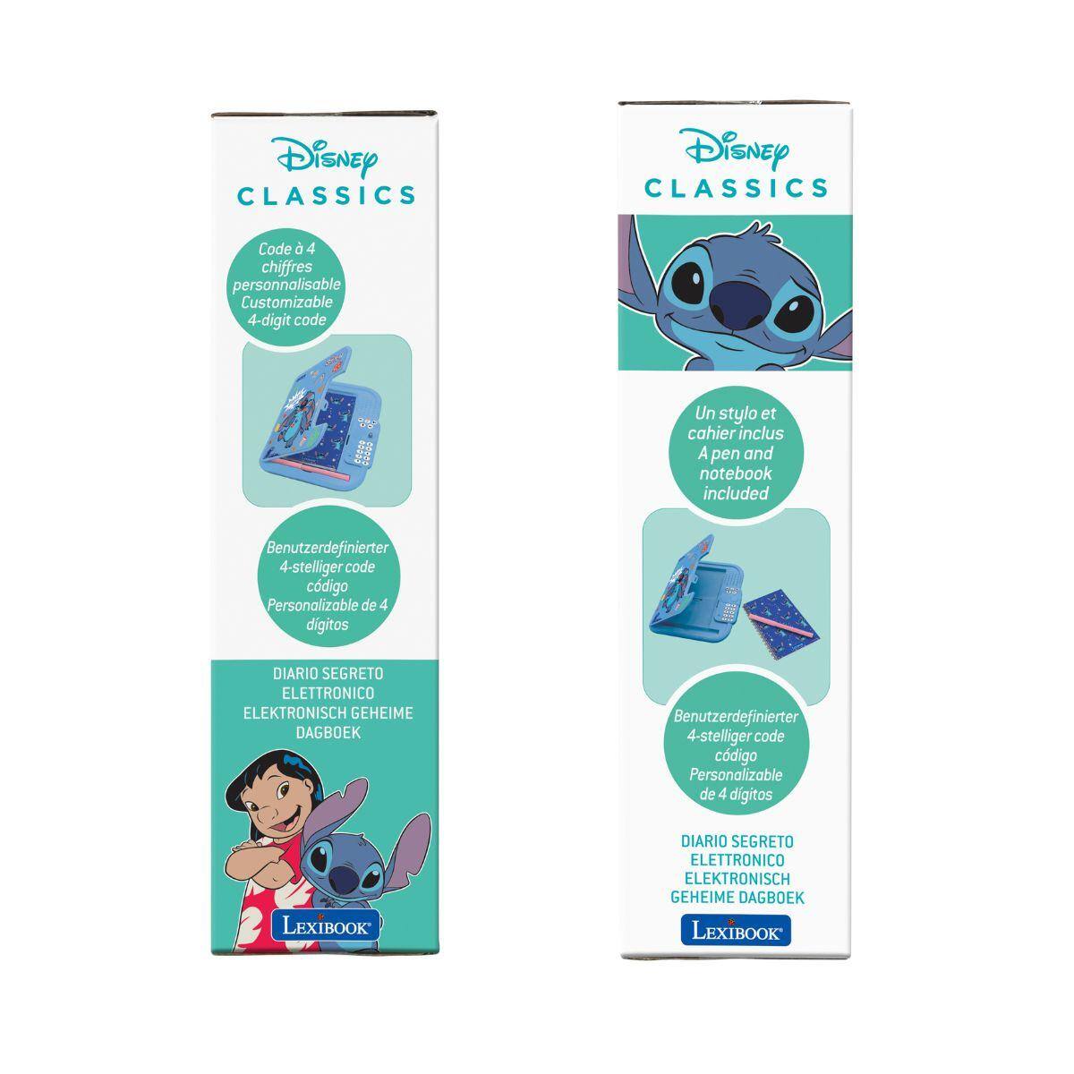 Disney CLASSICS  
Code à 4 chiffres personnalisable  
Customizable 4-digit code  
Un stylo et cahier inclus  
A pen and notebook included  
Benutzerdefinierter 4-stelliger code  
código Personalizable de 4 dígitos  
DIARIO SECRETO ELETTRONICO  
ELEKTRONISCH GEHEIME DAGBOEK  
LexiBook