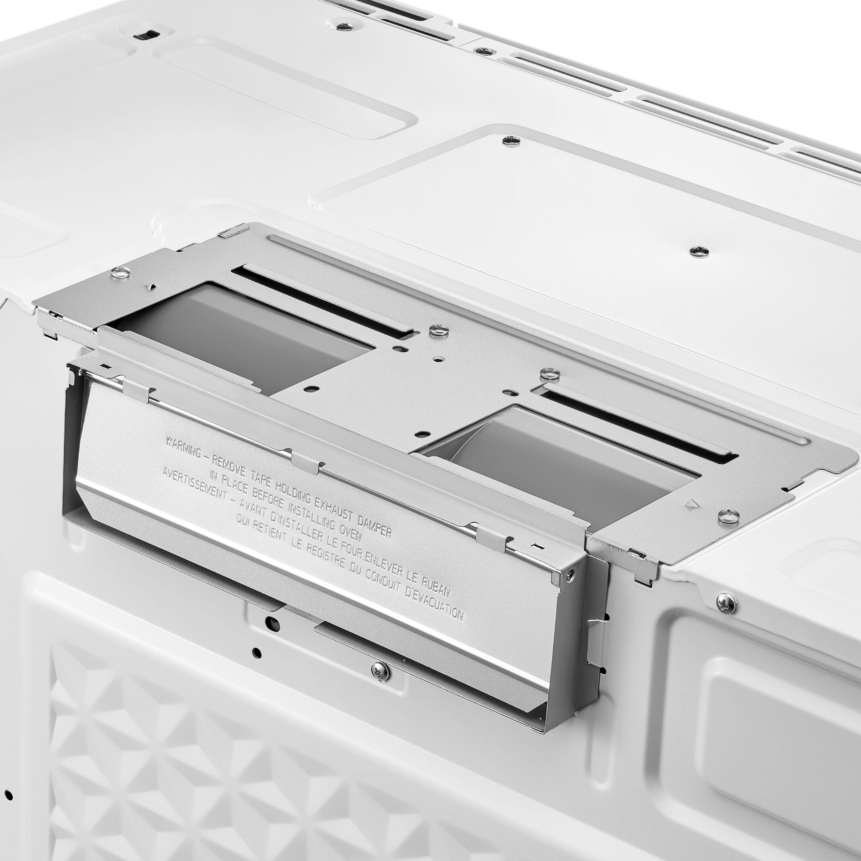WARMING - REMOVE TAPE HOLDING EXHAUST DAMPER IN PLACE BEFORE INSTALLING OVEN  
AVERTISSEMENT - AVANT D'INSTALLER LE FOUR ENLEVER LE RUBAN QUI RETIENT LE REGISTRE D'ÉVACUATION