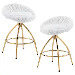 SlickBlue - 2pcs Teddy Velvet Swivel Bar Stools – Woven Style with Gold-Plated Iron Legs - White