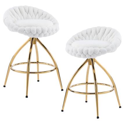 Front. SlickBlue - 2pcs Teddy Velvet Swivel Bar Stools – Woven Style with Gold-Plated Iron Legs - White.