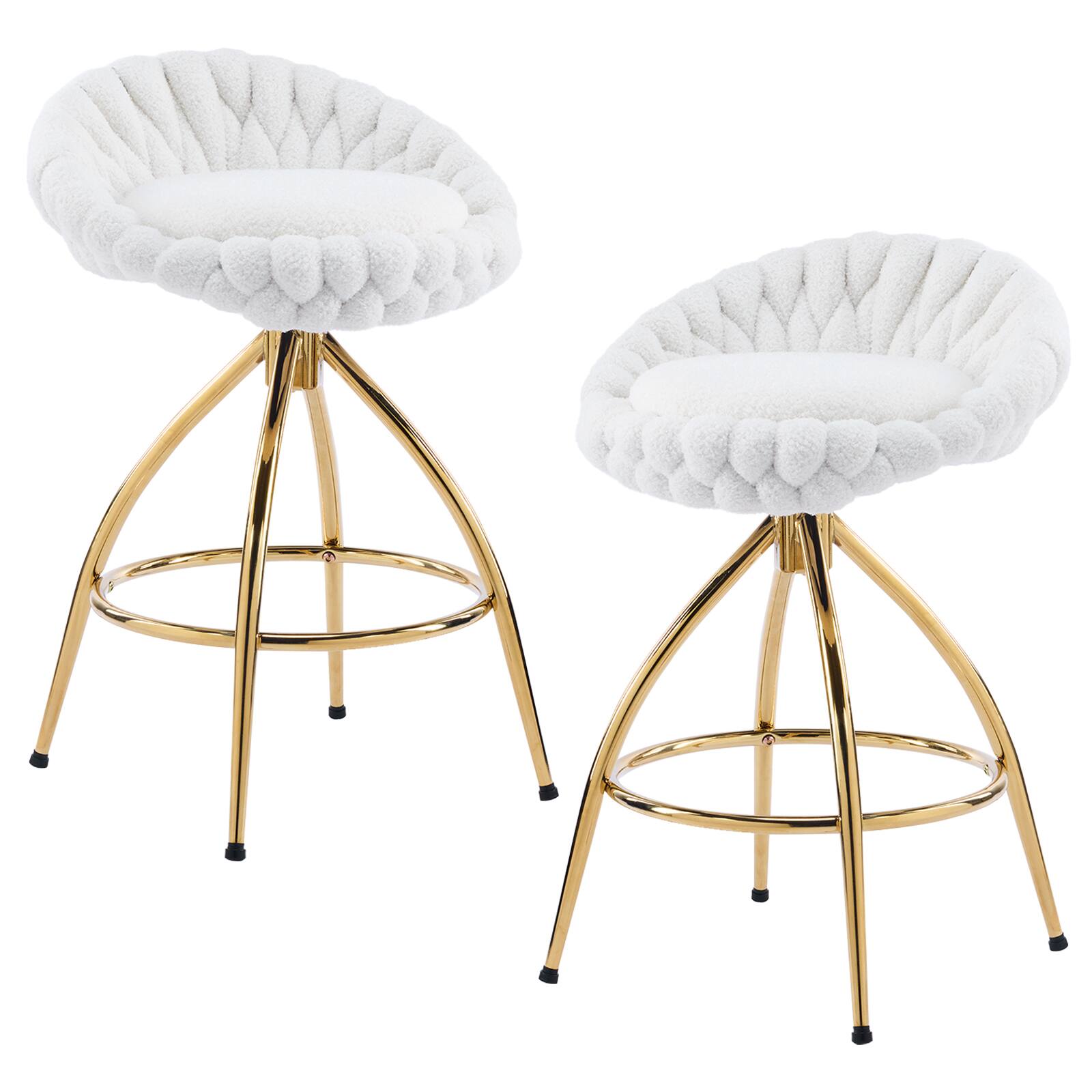 Front. SlickBlue - 2pcs Teddy Velvet Swivel Bar Stools – Woven Style with Gold-Plated Iron Legs - White.