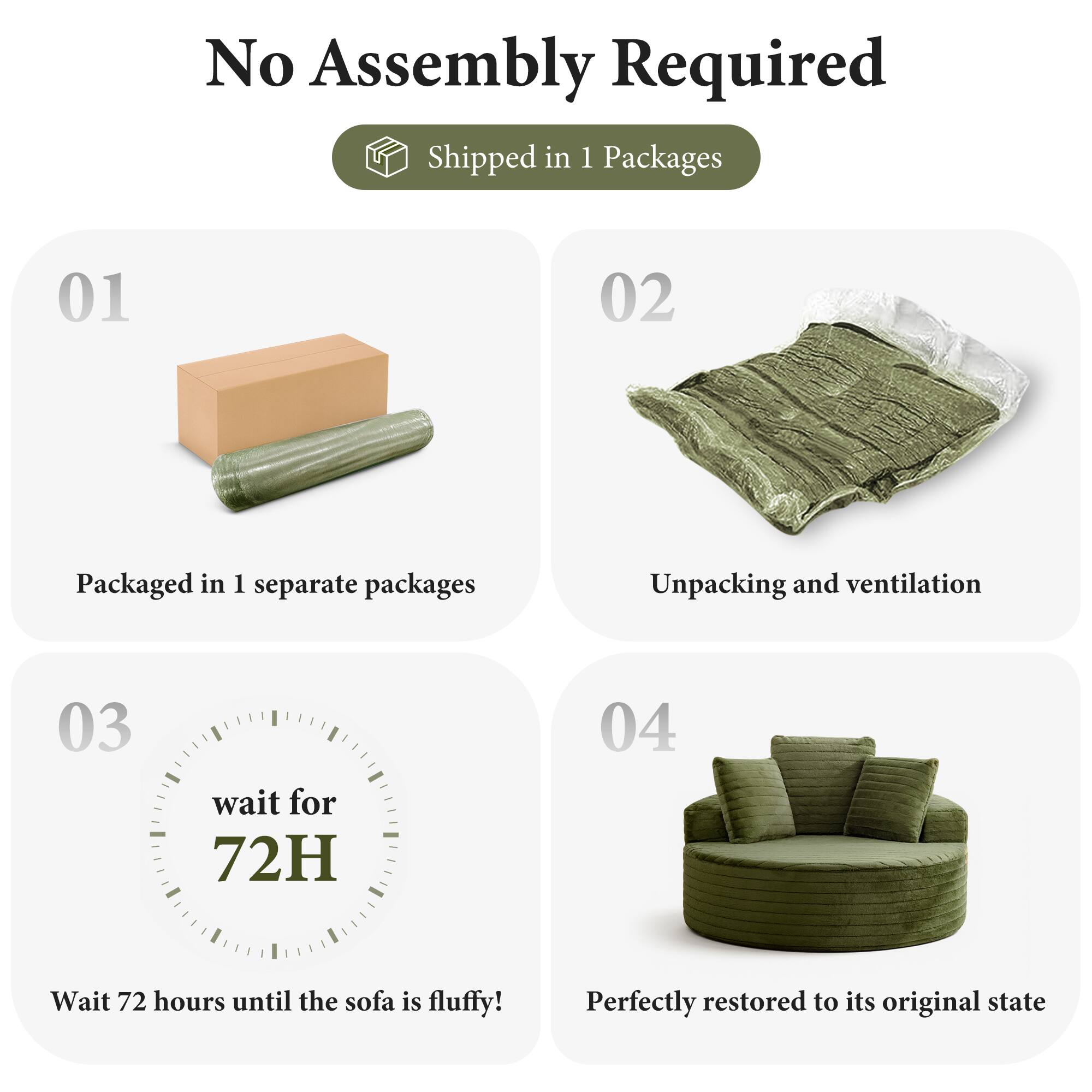 No Assembly Required  
Shipped in 1 Packages  

01  
Packaged in 1 separate packages  

02  
Unpacking and ventilation  

03  
wait for 72H  
Wait 72 hours until the sofa is fluffy!  

04  
Perfectly restored to its original state