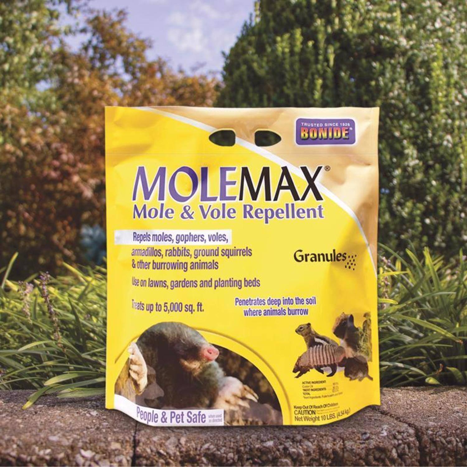 TRUSTED SINCE 1922  
BONIDE MOLEMAX  
Mole & Vole Repellent  
Repels moles, gophers, voles, armadillos, rabbits, ground squirrels & other burrowing animals  
Use on lawns, gardens and planting beds  
Penetrates deep into the soil where animals burrow  
Treats up to 5,000 sq. ft.  
People & Pet Safe  
CAUTION  
Net Weight 10 LBS (4.54 kg)