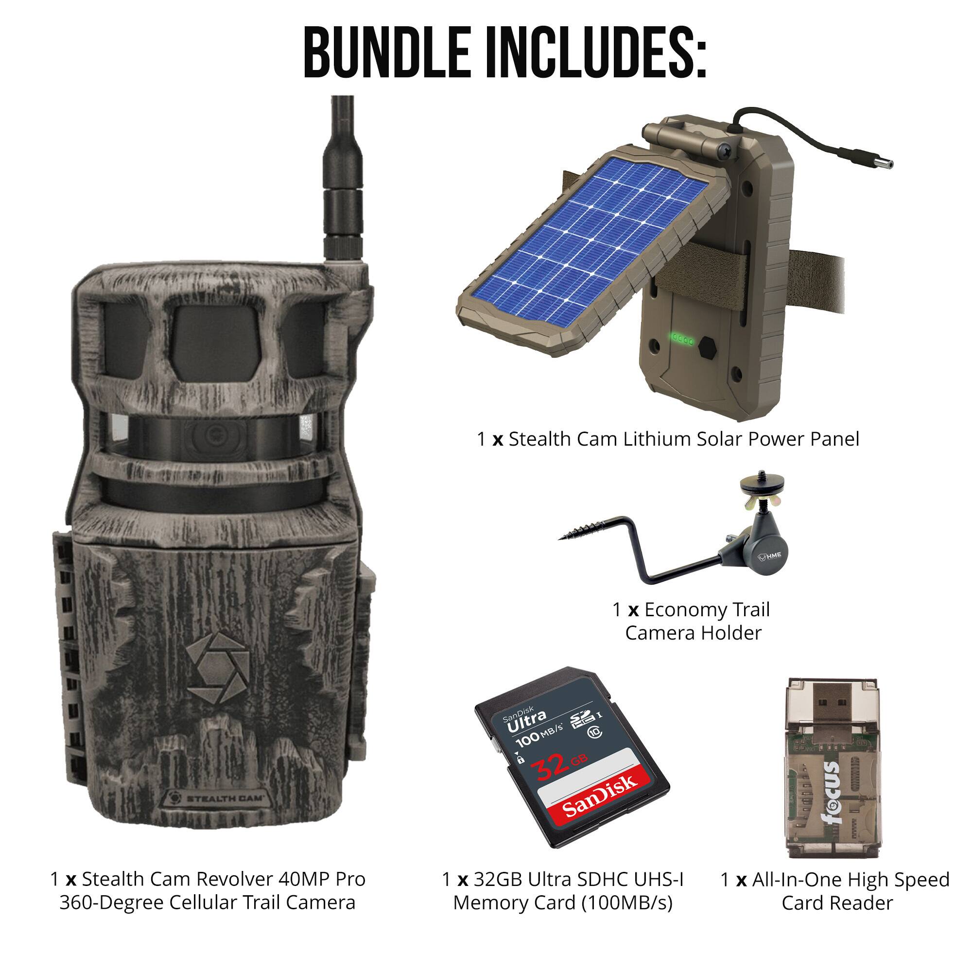 BUNDLE INCLUDES:

1 x Stealth Cam Lithium Solar Power Panel

1 x Economy Trail Camera Holder

1 x Stealth Cam Revolver 40MP Pro 360-Degree Cellular Trail Camera

1 x 32GB Ultra SDHC UHS-I Memory Card (100MB/s)

1 x All-In-One High Speed Card Reader