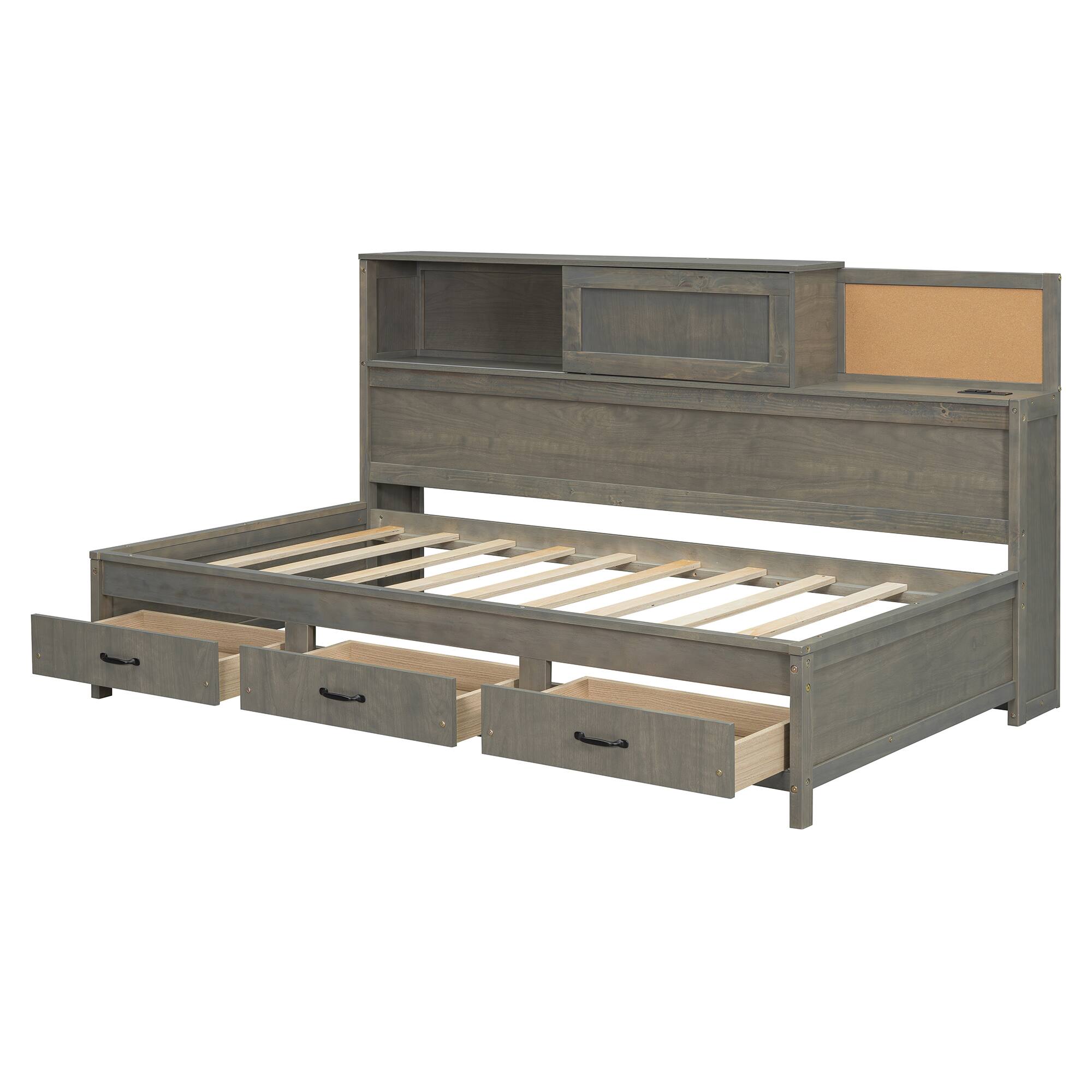 Alt View 8. Tiramisubest - Twin Size Wooden Daybed with 3 Storage Drawers, Upper Soft Board, shelf, and a set of Sockets and USB Ports, Gray - Gray.