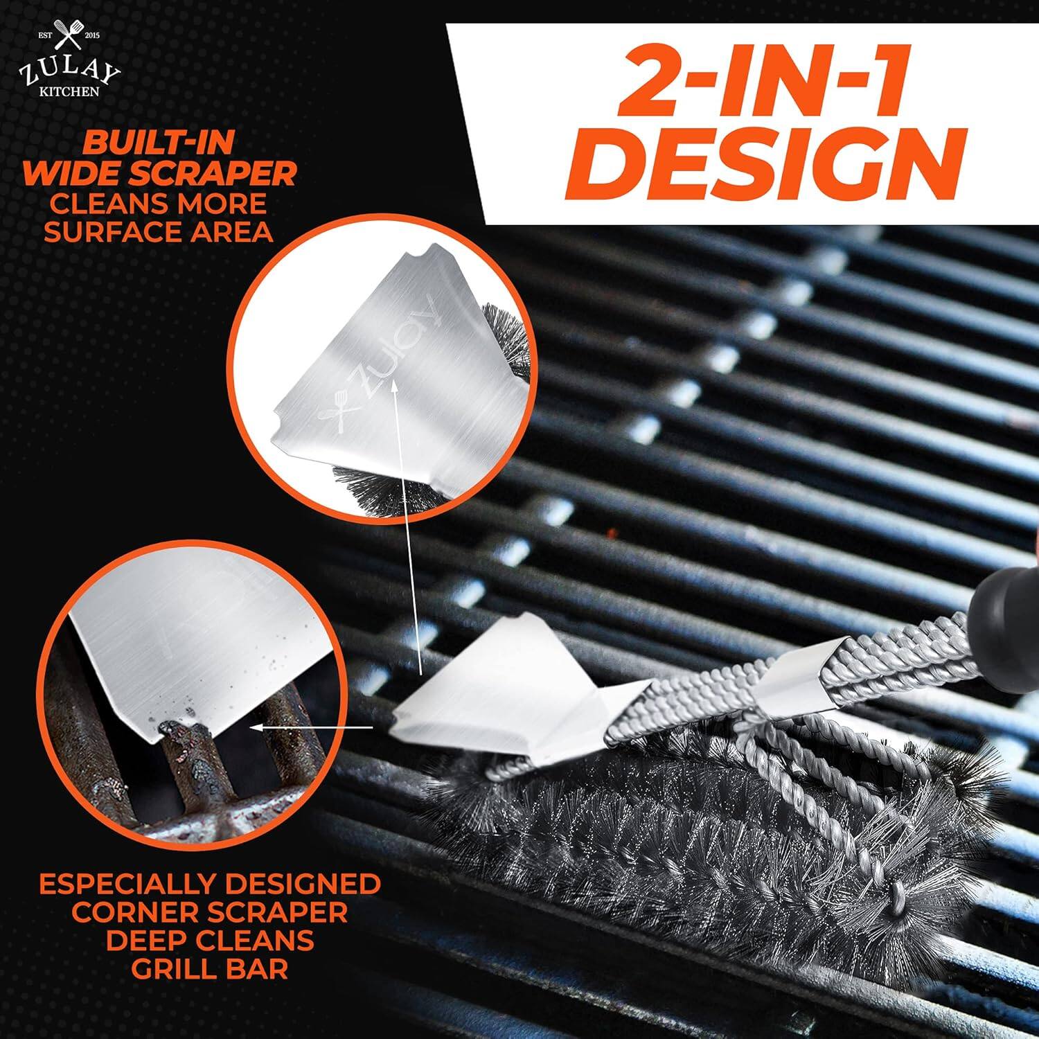 The text on the image can be grouped and corrected as follows:

- **Zulay 2-IN-1 Kitchen Built-In Wide Scraper Design Cleans More Surface Area**
- **Especially Designed Corner Scraper Deep Cleans Grill Bar**

This text highlights the features of the Zulay 2-in-1 kitchen scraper, emphasizing its wide design for cleaning more surface area and its corner scraper for deep cleaning grill bars.