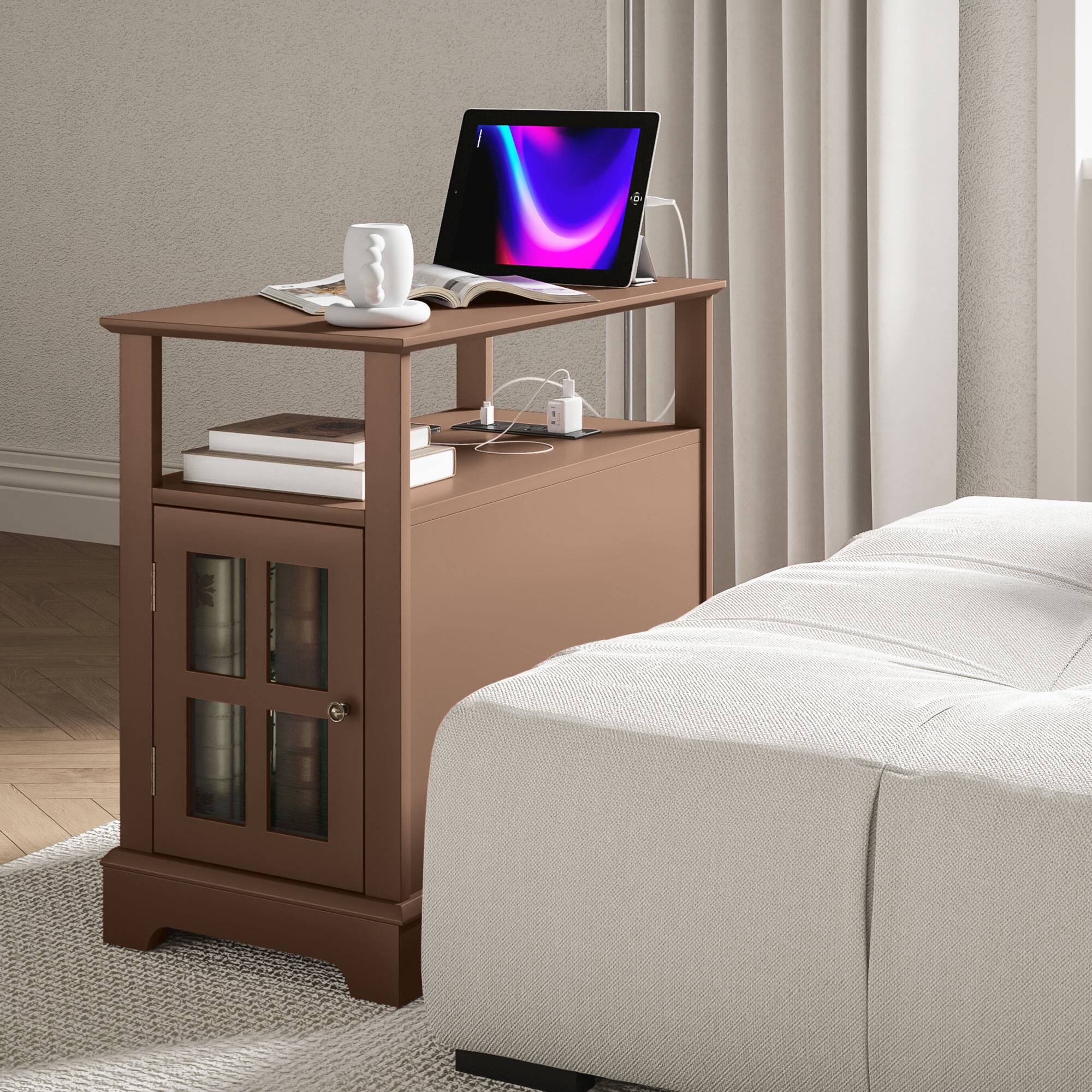 Alt View 8. Homcom - End Table w/ Charging Station, USB Ports & Outlets, Hidden Storage & Open Shelf - Brown.