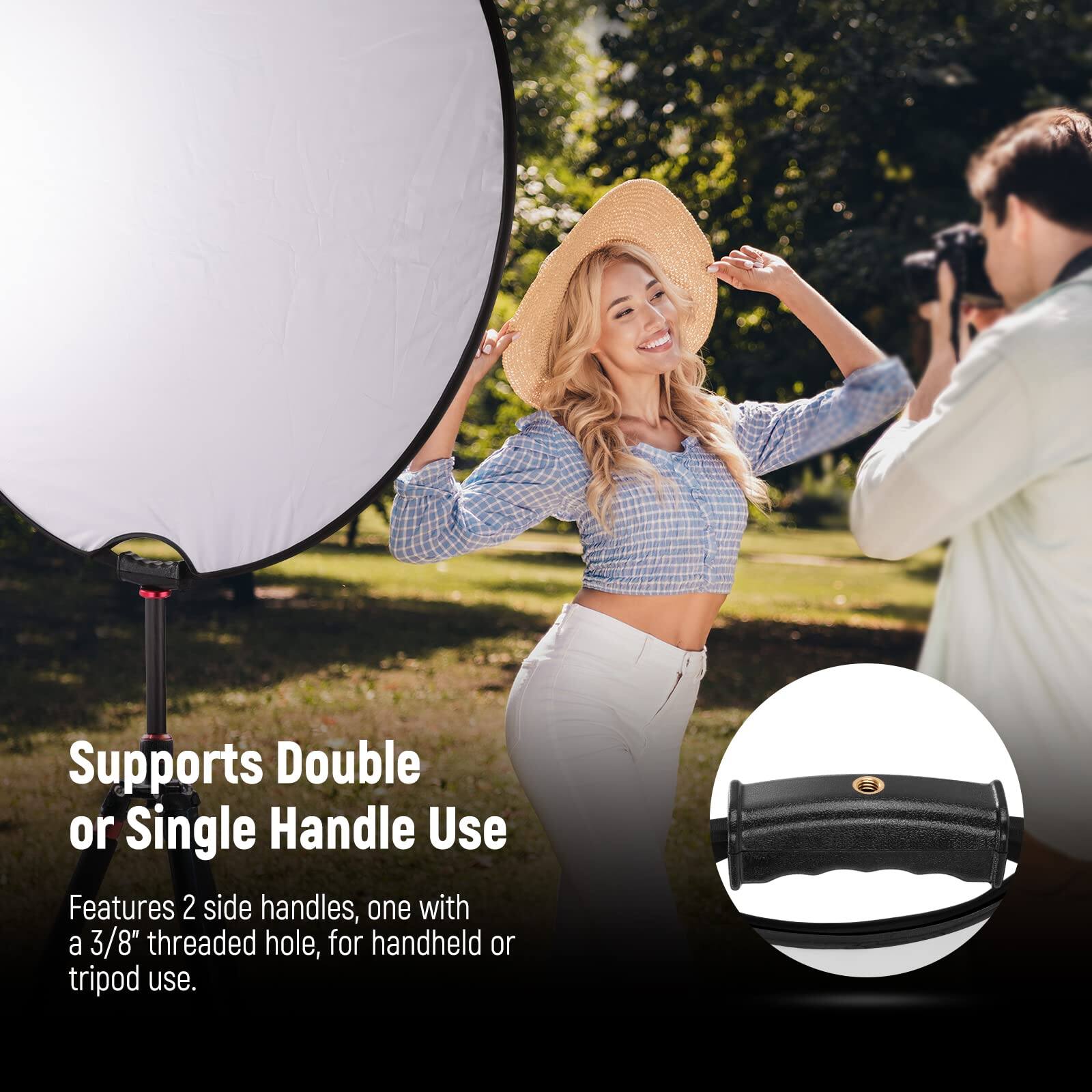 Supports Double or Single Handle Use  
Features 2 side handles, one with a 3/8" threaded hole, for handheld or tripod use.