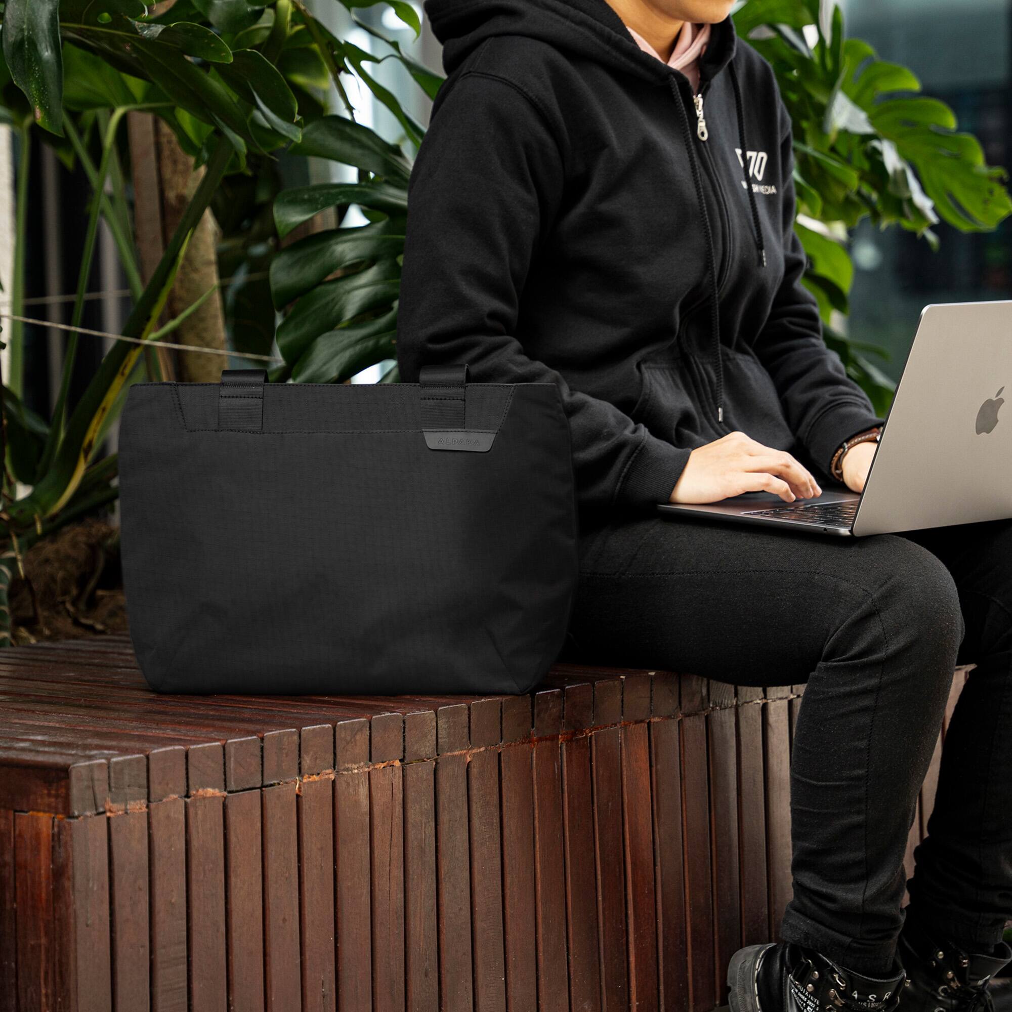 Back. ALPAKA - Small Tote Bag for Work & Travel, 9L,Fits 11" iPad/Tablet, Magnetic Open-Top, Bottle Sleeves, Slip Pockets - Black Axoflux 210D.