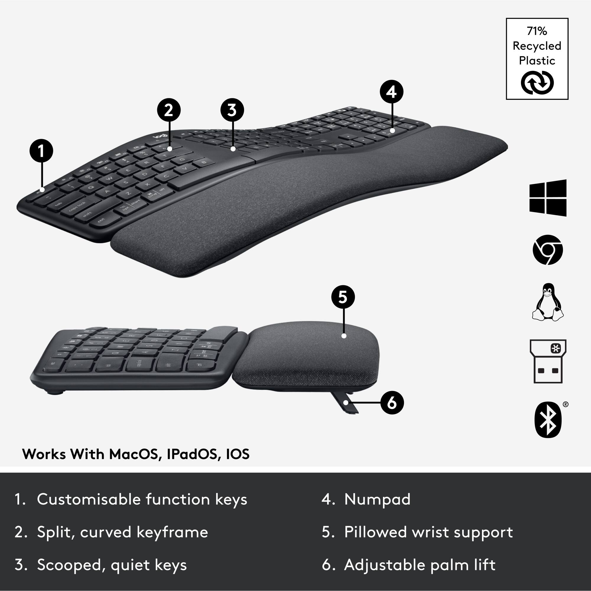 The image shows a keyboard with a split curved keyframe and customizable function keys. It is designed to work with MacOS, IPadOS, and IOS. The keyboard also features scooped, quiet keys and a pillowed wrist support for added comfort. Additionally, it has an adjustable palm lift for ergonomic use.