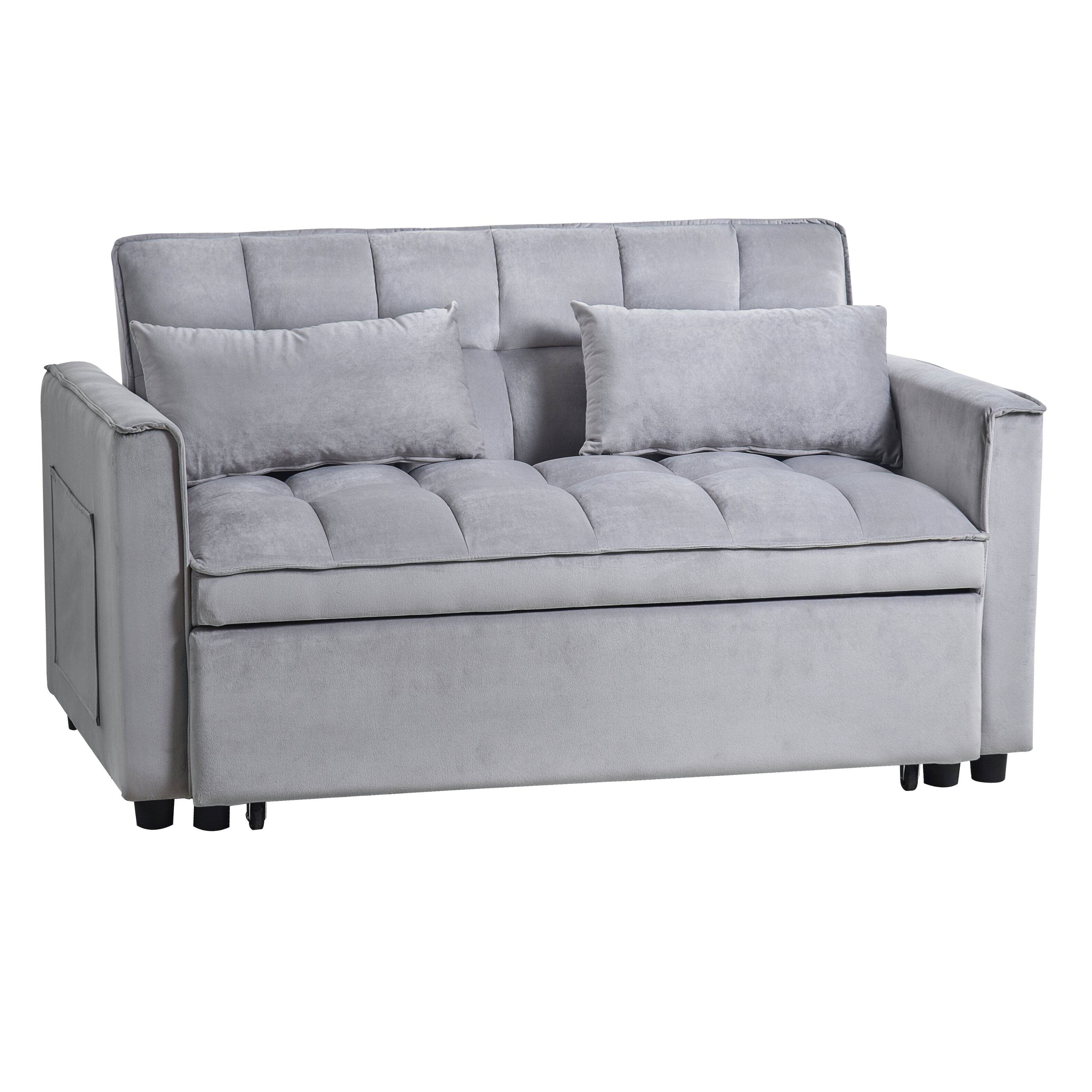 Alt View 1. Tiramisubest - 3 in 1 Velvet Loveseat Futon Sofa Bed with Adjustable Backrest,Pillows & Pockets for Living Room,Apartment,Grey - Cement Grey.