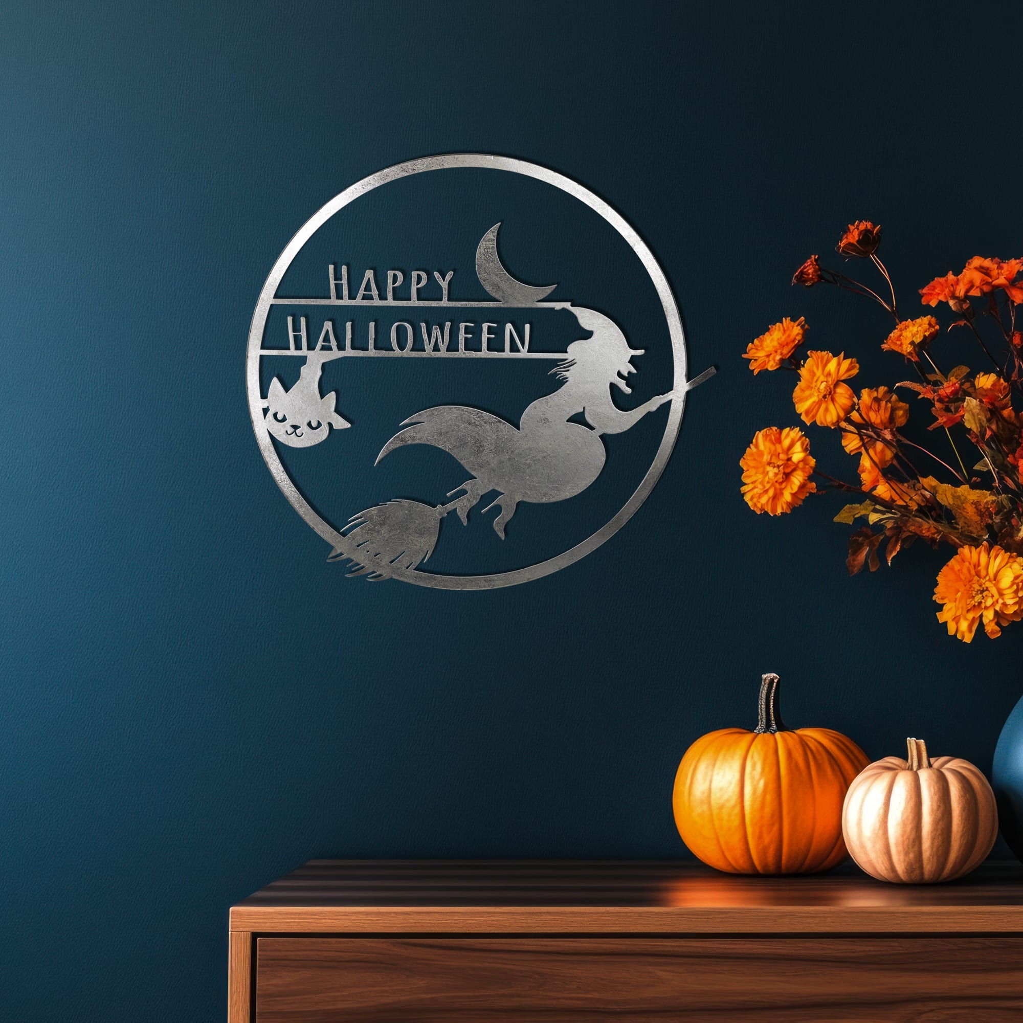 Northlight - Flying Witch Happy Halloween Wall Sign - 17" - Silver