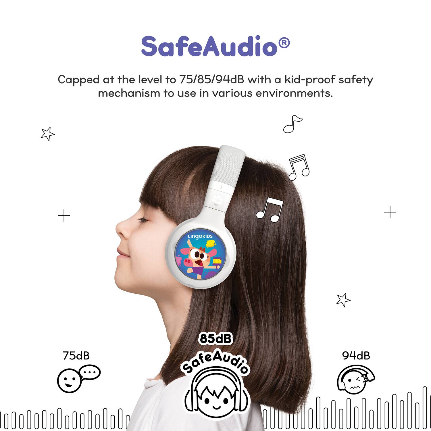 SafeAudio®

Capped at the level to 75/85/94dB with a kid-proof safety mechanism to use in various environments.

75dB

85dB

94dB