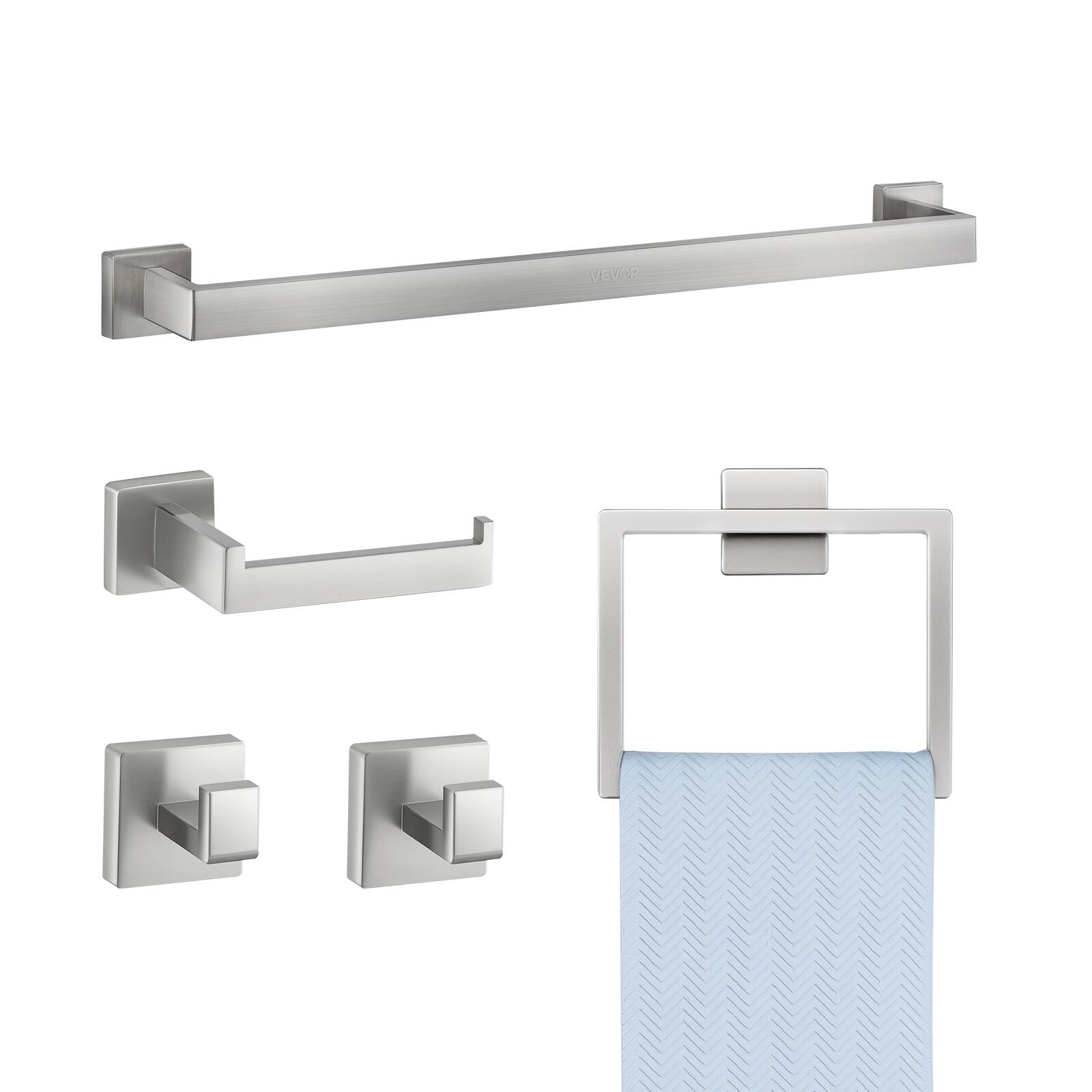 Front. VEVOR - Brushed Nickel Bathroom Hardware Set, 5 Pieces Bathroom Accessories Set, Stainless Steel 24 inch Towel Bar, Towel Rack - 304 Primary Color.