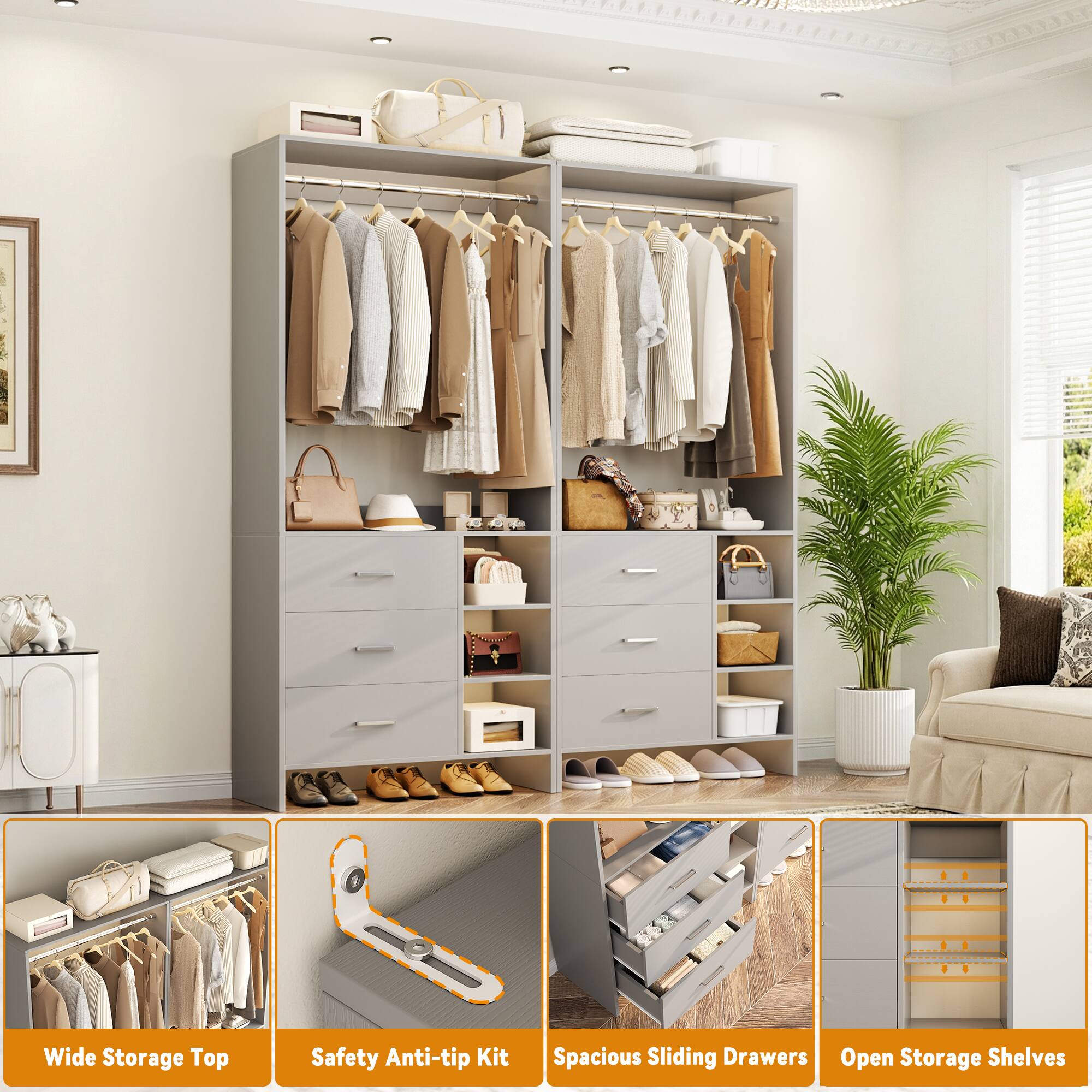 Wide Storage Top  
Safety Anti-tip Kit  
Spacious Sliding Drawers  
Open Storage Shelves