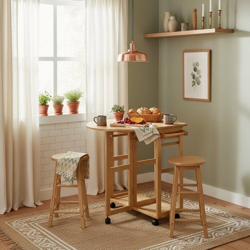 Back. FurniFact - 3-Pc Solid Wood Space Saver Dining Set with Drop Leaf Table - Natural.