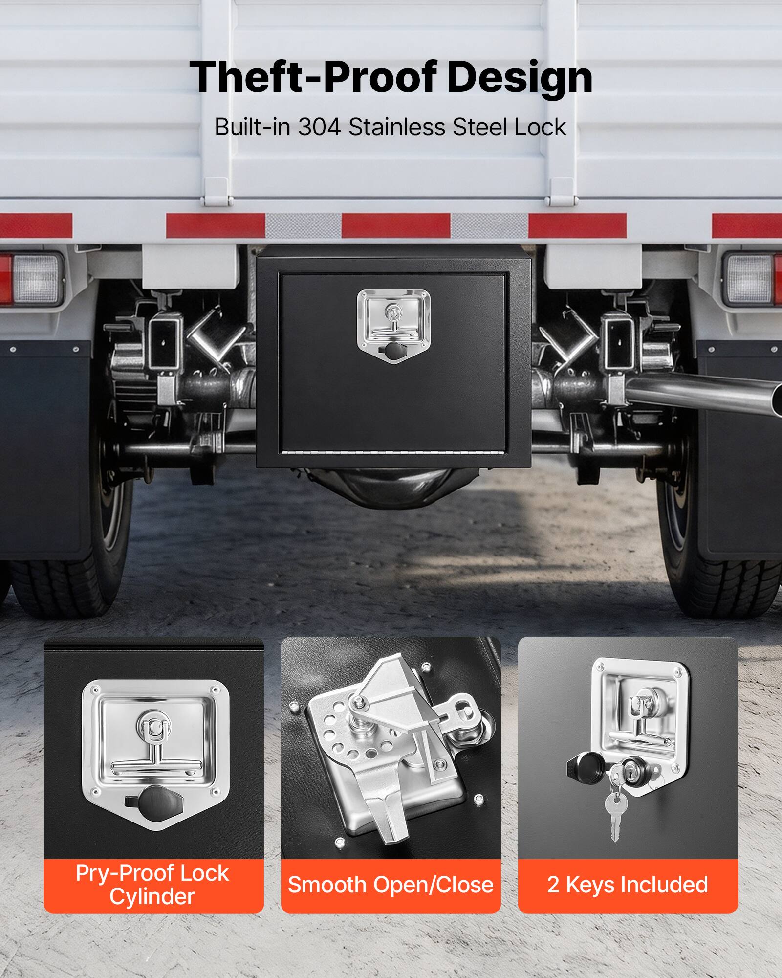Theft-Proof Design  
Built-in 304 Stainless Steel Lock  

- Pry-Proof Lock Cylinder  
- Smooth Open/Close  
- 2 Keys Included