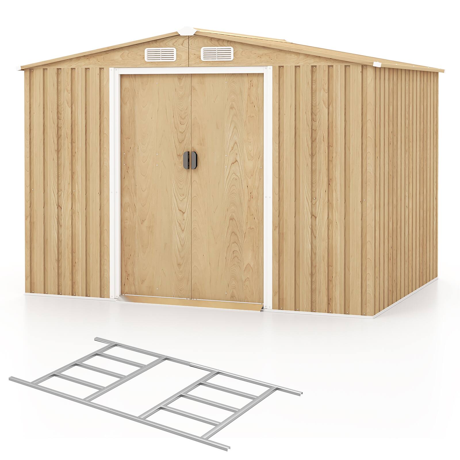 Left. WELLFOR - Weather Resistant Galvanized Steel Shed with Tilted Roof for Backyard Garden Patio Lawn - Brown.