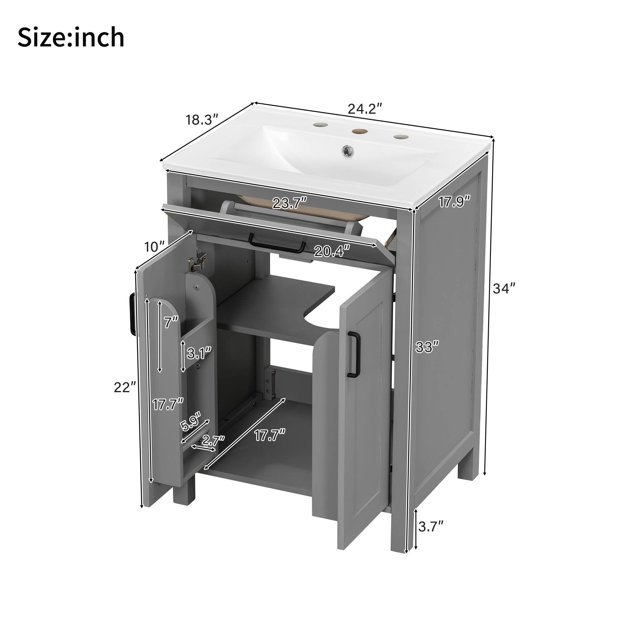 Size: inch

- 18.3"
- 24.2"
- 23.7"
- 17.9"
- 10"
- 20.4"
- 34"
- 7"
- 3.1"
- 33"
- 22"
- 17.7"
- 5.9"
- 2.7"
- 17.7"
- 3.7"