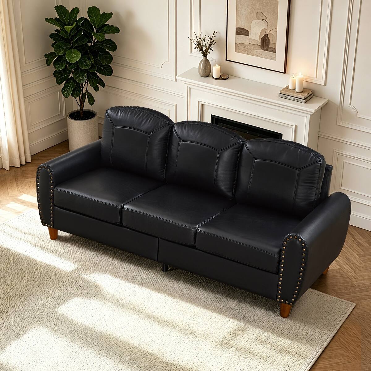 Left. Ropilly - Ropilly Black Faux Leather Sofa with Rolled Arms, Three Seat Living Room Couch with Solid Wood Legs - Black.