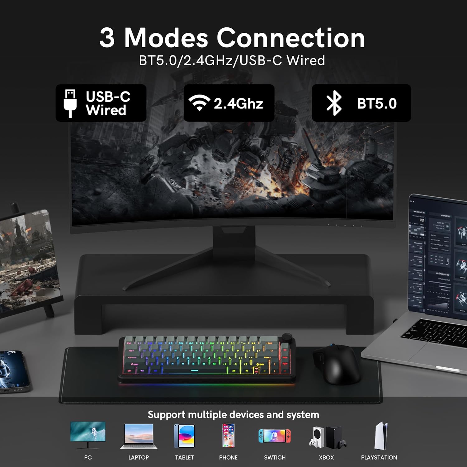 3 Modes Connection  
BT5.0/2.4GHz/USB-C Wired  

USB-C Wired  
2.4GHz  
BT5.0  

Support multiple devices and system  
PC LAPTOP TABLET PHONE SWITCH XBOX PLAYSTATION