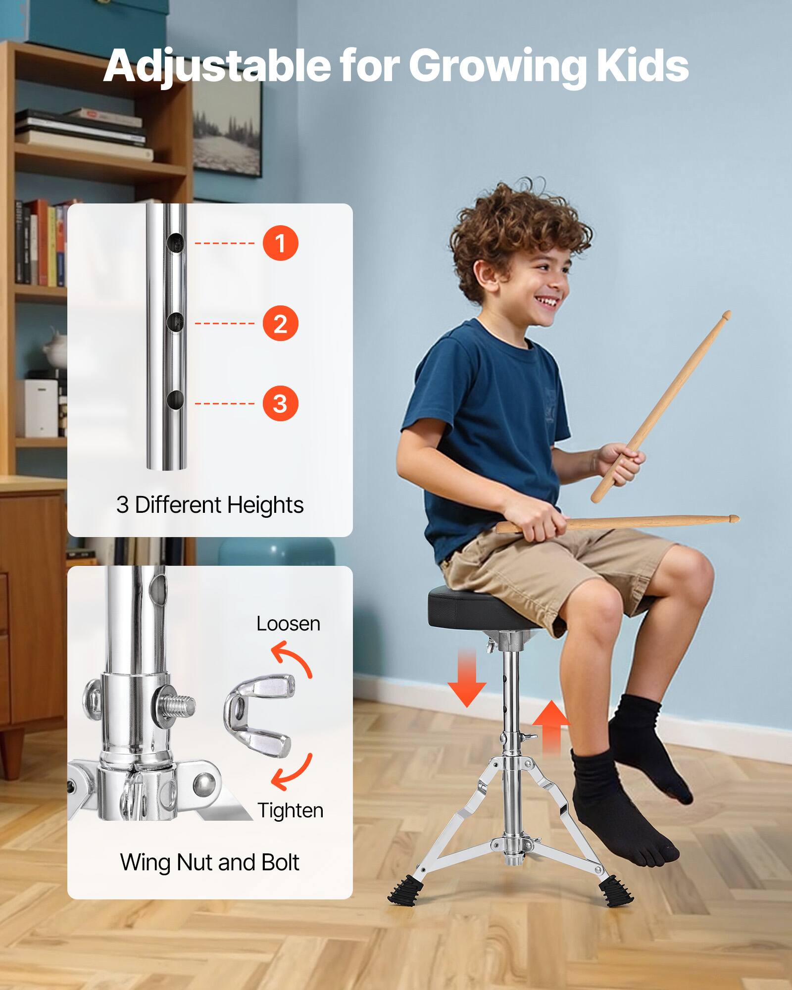 Adjustable for Growing Kids

3 Different Heights

Loosen Tighten Wing Nut and Bolt