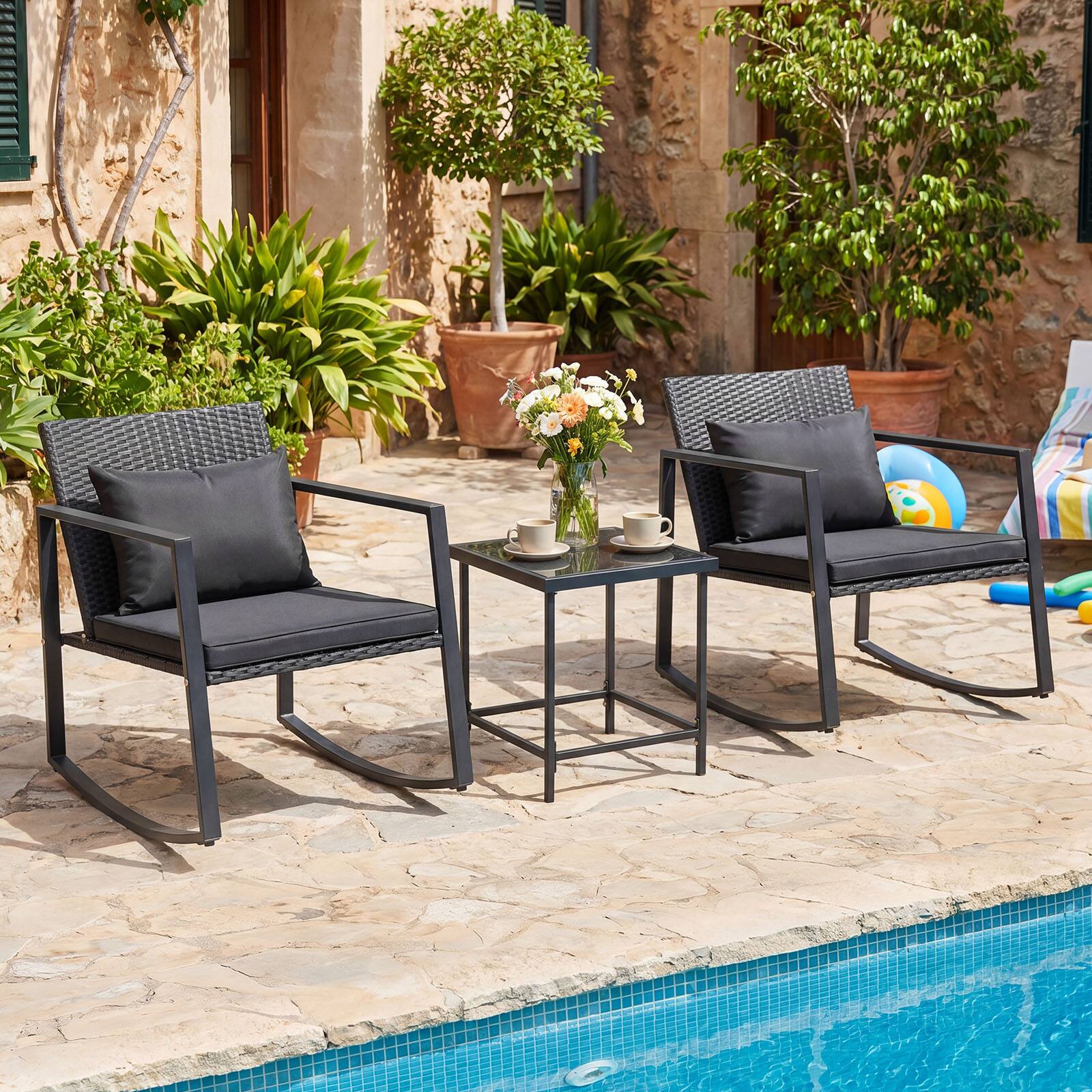 Alt View 1. Gymax - Gymax 3-Piece Outdoor Rocking Bistro Set Patio Rocking Chairs & Coffee Table Set - Black.