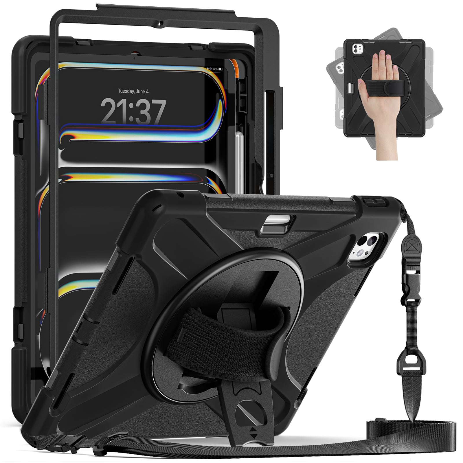 Dteck - Case for iPad Pro 13 Inch M5 2025/ M4 2024, Heavy Duty Shockproof Cover with Rotating Stand, Hand/Shoulder Strap - Black