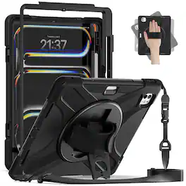 Dteck - Case for iPad Pro 13 Inch M5 2025/ M4 2024, Heavy Duty Shockproof Cover with Rotating Stand, Hand/Shoulder Strap - Black