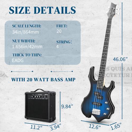 SIZE DETAILS

SCALE LENGTH: 34in/864mm  
FRET: 20  
NUT WIDTH: 1.656in/42mm  
STRING: 4  
THICK TO THIN: EADG

WITH 20 WATT BASS AMP

9.84"  
11.2" 3.94"  
12.6" 1.65"