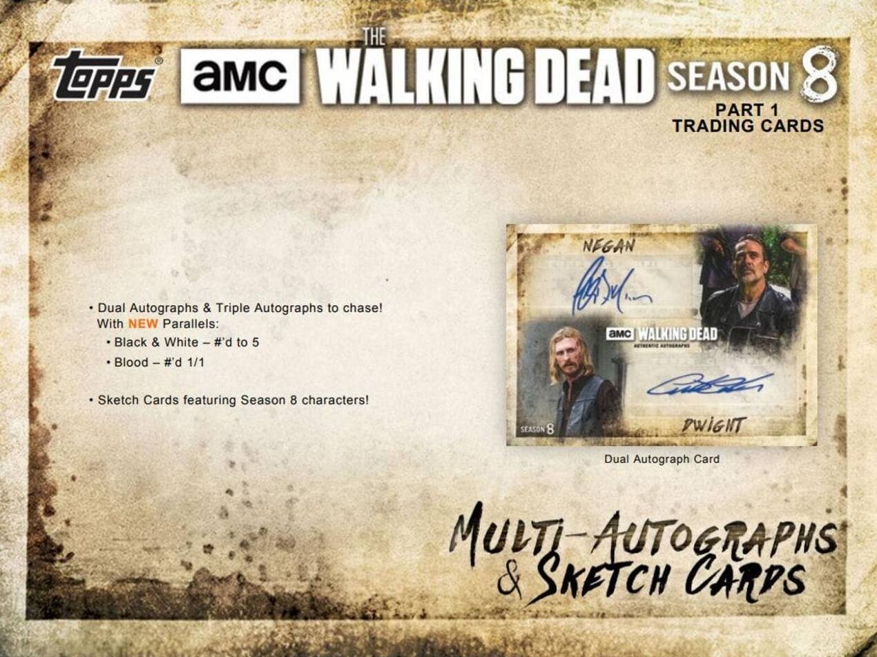 THE TOPPS AMC WALKING DEAD SEASON 8 PART 1 TRADING CARDS NEGAN Dual Autographs & Triple Autographs to chase! With NEW Parallels: Black & White E #'d to 5 Blood I #'d 1/1 Sketch Cards featuring Season 8 characters! SEASON 8 C WALKING DEAD C DWIGHT Dual Autograph Card MULTI-AUTOGRAPHS & SKETCH CARDS