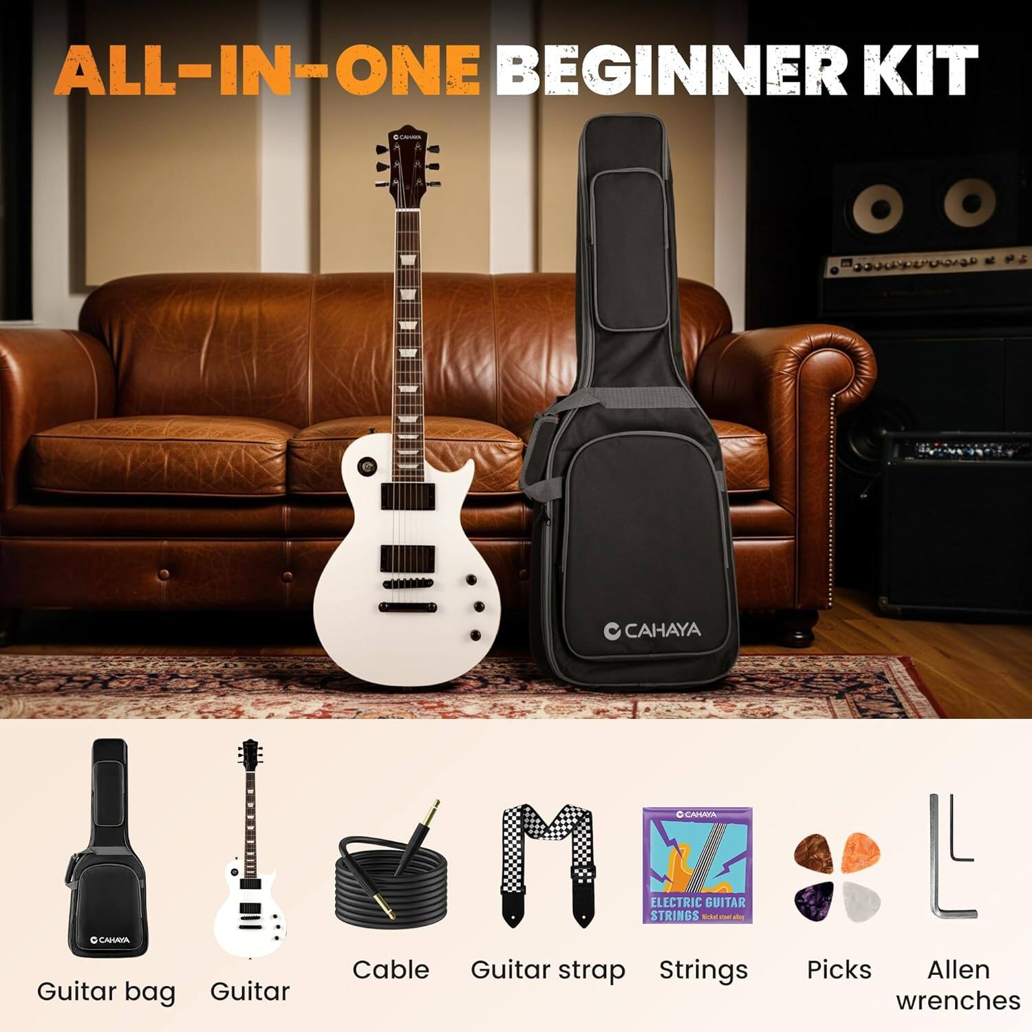 ALL-IN-ONE BEGINNER KIT

- Guitar bag
- Guitar
- Cable
- Guitar strap
- Strings
- Picks
- Allen wrenches