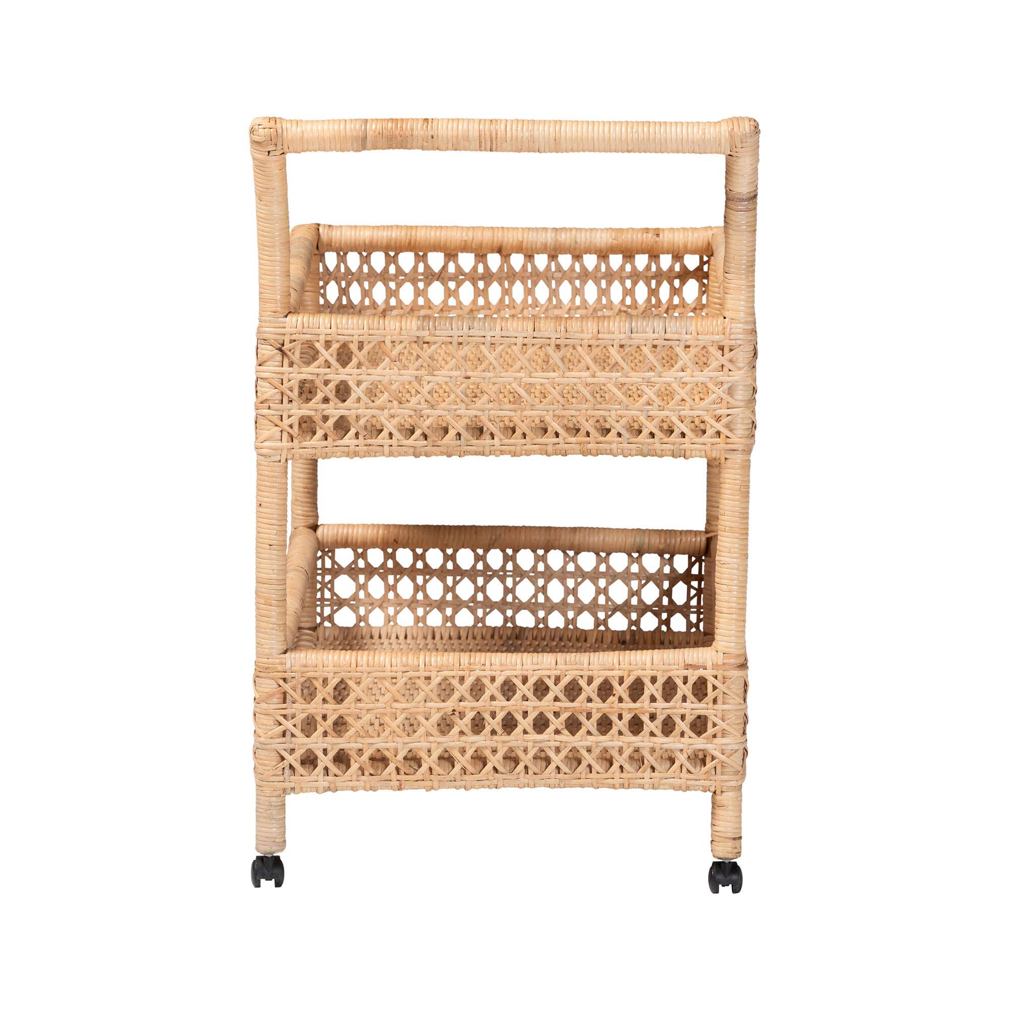 Back. bali & pari - Alaina Natural Rattan Kitchen Cart - 2-Tier Handwoven Wicker Storage Trolley with Handle for Kitchen or Lounge - Natural Rattan.
