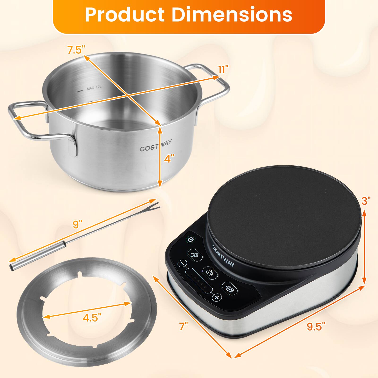 Product Dimensions

- 7.5"
- 11"
- MAX 1.2L
- 4"
- 3"
- 9"
- 4.5"
- 7"
- 9.5"