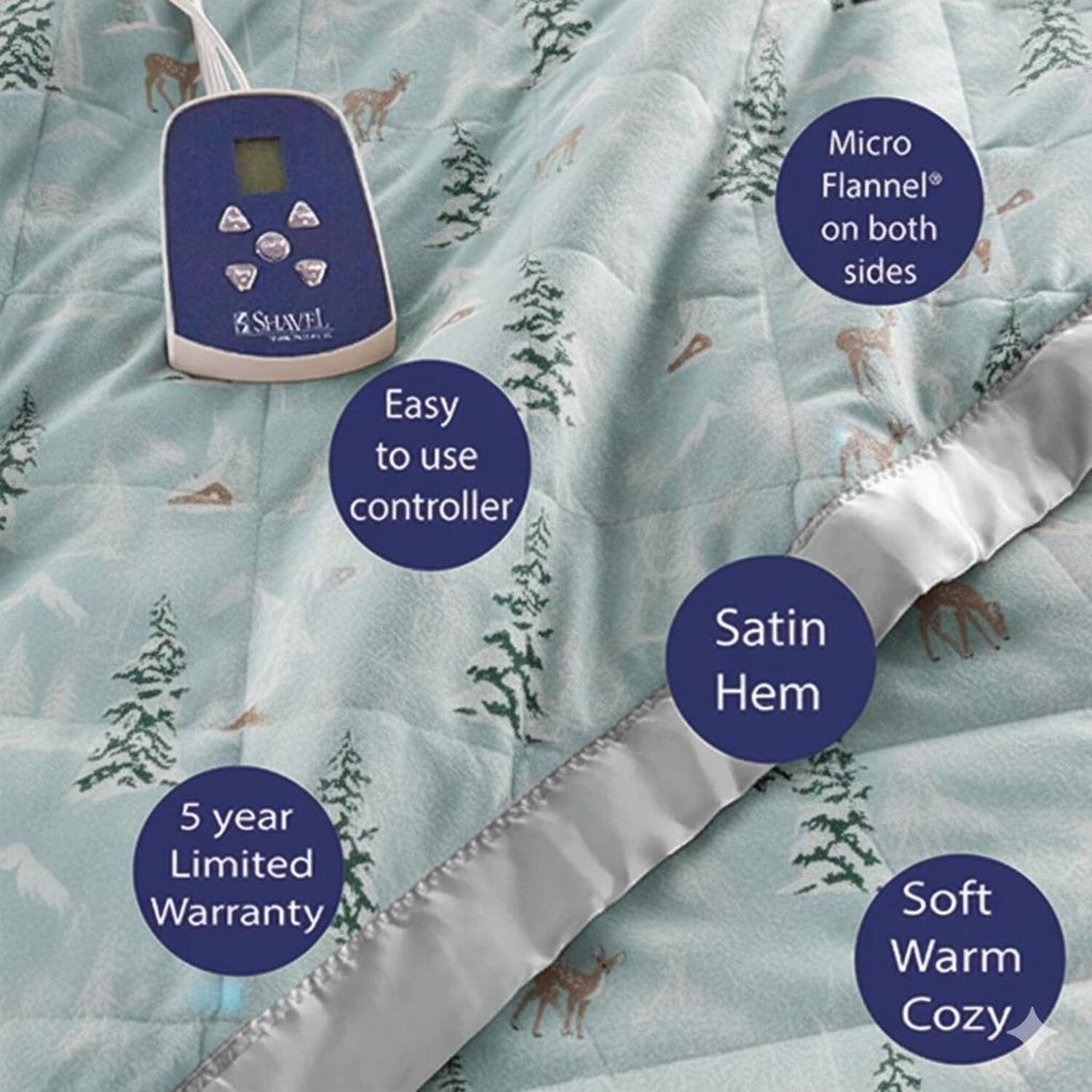 - Micro Flannel on both sides
- Easy to use controller
- Satin Hem
- 5 year Limited Warranty
- Soft Warm Cozy