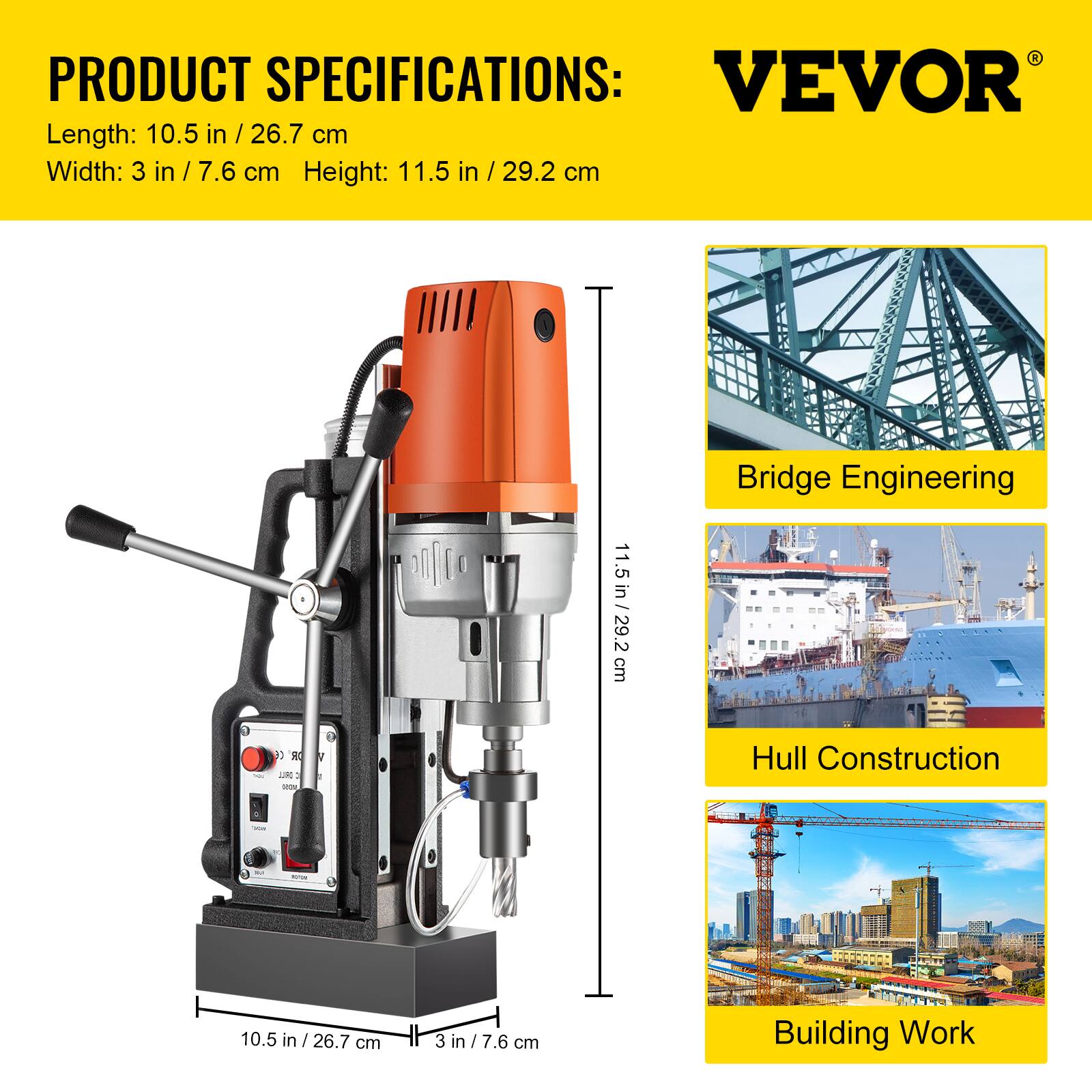 PRODUCT SPECIFICATIONS

Length: 10.5 in / 26.7 cm  
Width: 3 in / 7.6 cm  
Height: 11.5 in / 29.2 cm

9) R DRILL  
1 in 11.5 cm 29.2 1.5 in / 29.2

Bridge Engineering  
Hull Construction  
Building Work