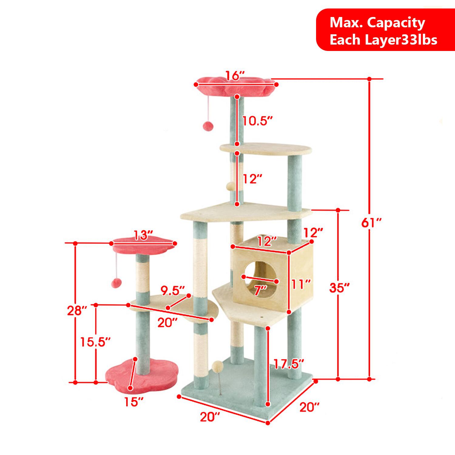 Max. Capacity Each Layer 33lbs  
16" 10.5" 12" 13" 12" 12" 61" 28" 15.5" 9.5" 20" 7" 11" 35" 17.5" 15" 20" 20"