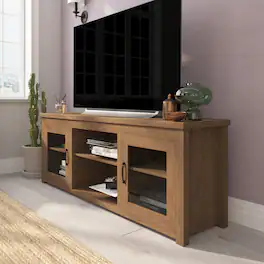 Emma + Oliver - Liam TV Stand for up to 80" TV's - 65" Media Console with Classic Full Glass Doors & 3 Adjustable Shelves - Walnut