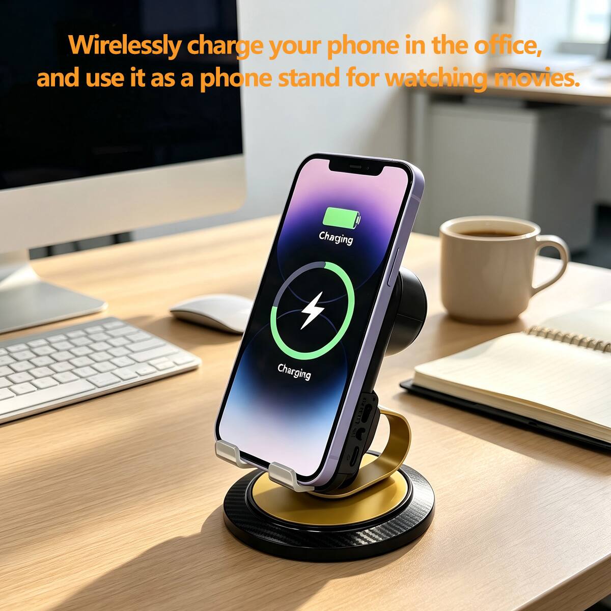 Wirelessly charge your phone in the office, and use it as a phone stand for watching movies.

Charging