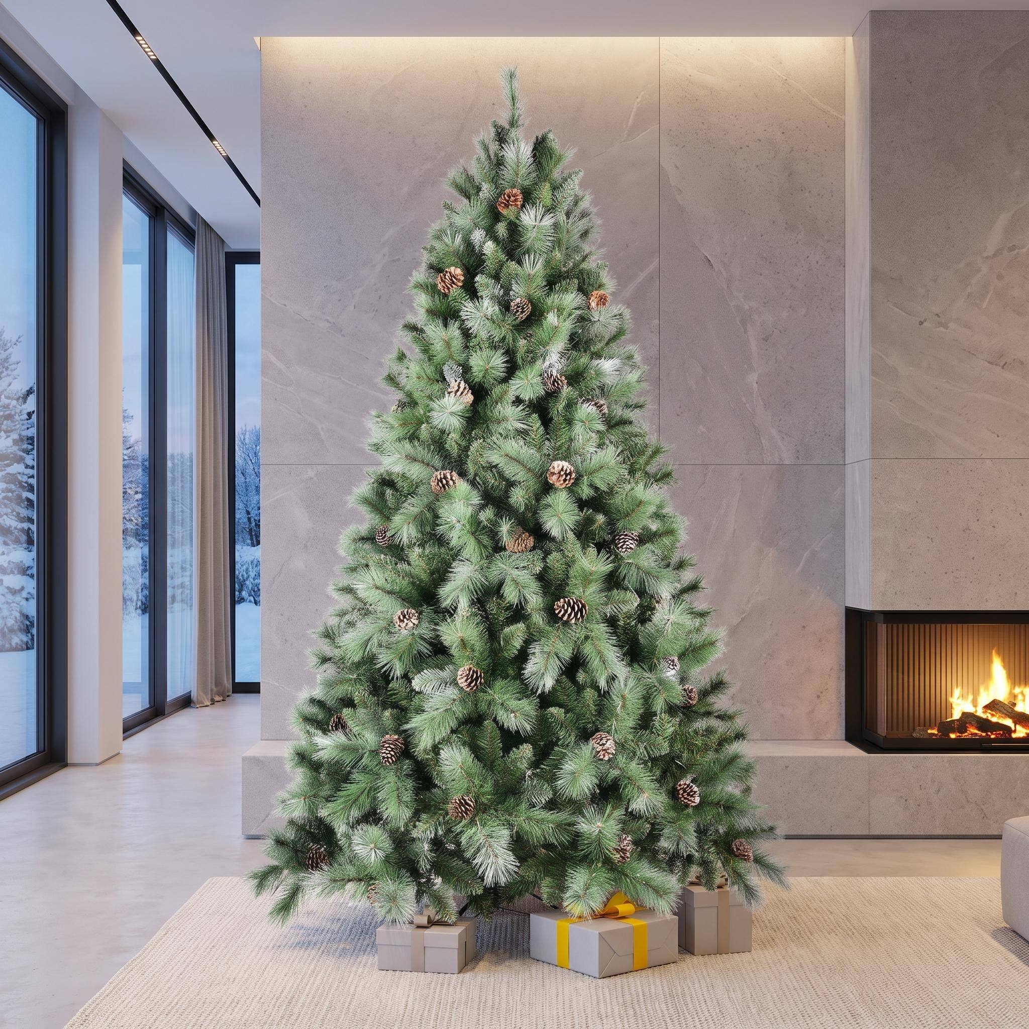 Angle. Forest'nSky - 7 ft. Mixed PVC & Hard Needle Christmas Tree with 82 Pine Cones, 1348 Tips, Hinged Branches, Metal Stand - Green.
