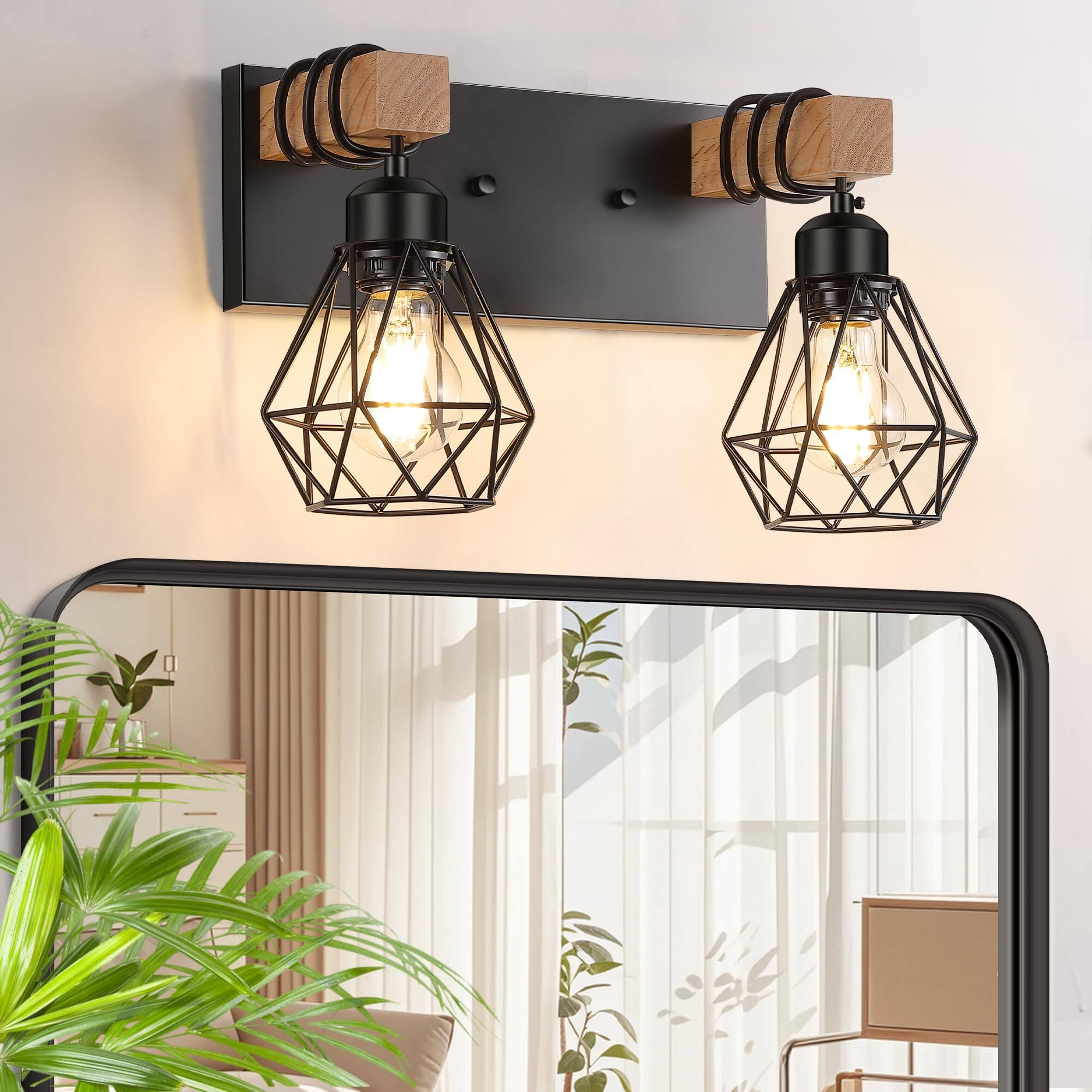 Front. Dazzling Pops - Farmhouse Bathroom Vanity Light Fixtures Wood Lighting Over Mirror Lights With Metal Lampshade Vintage Wall - 2-Lights.