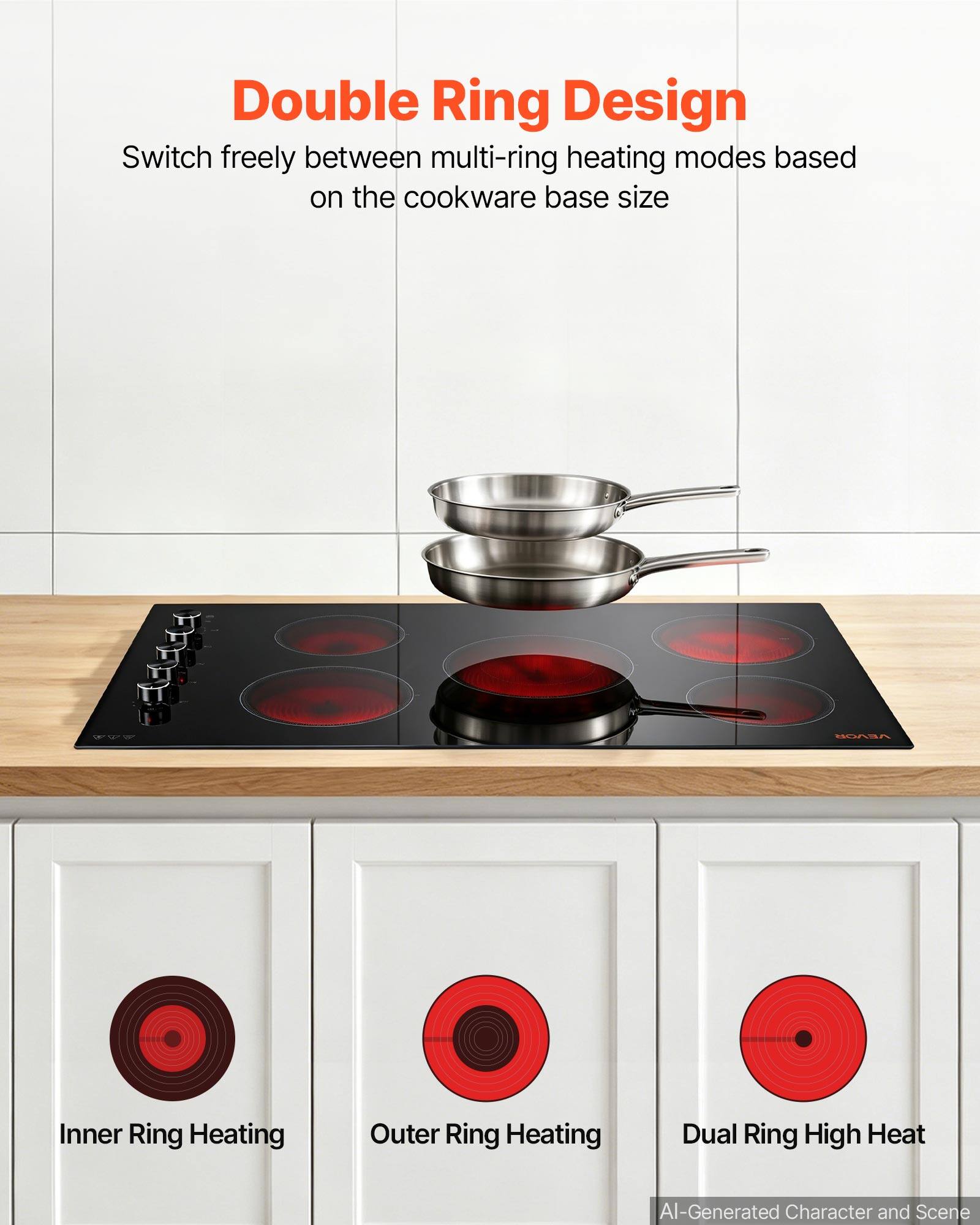 Double Ring Design  
Switch freely between multi-ring heating modes based on the cookware base size

Inner Ring Heating  
Outer Ring Heating  
Dual Ring High Heat  

AI-Generated Character and Scene