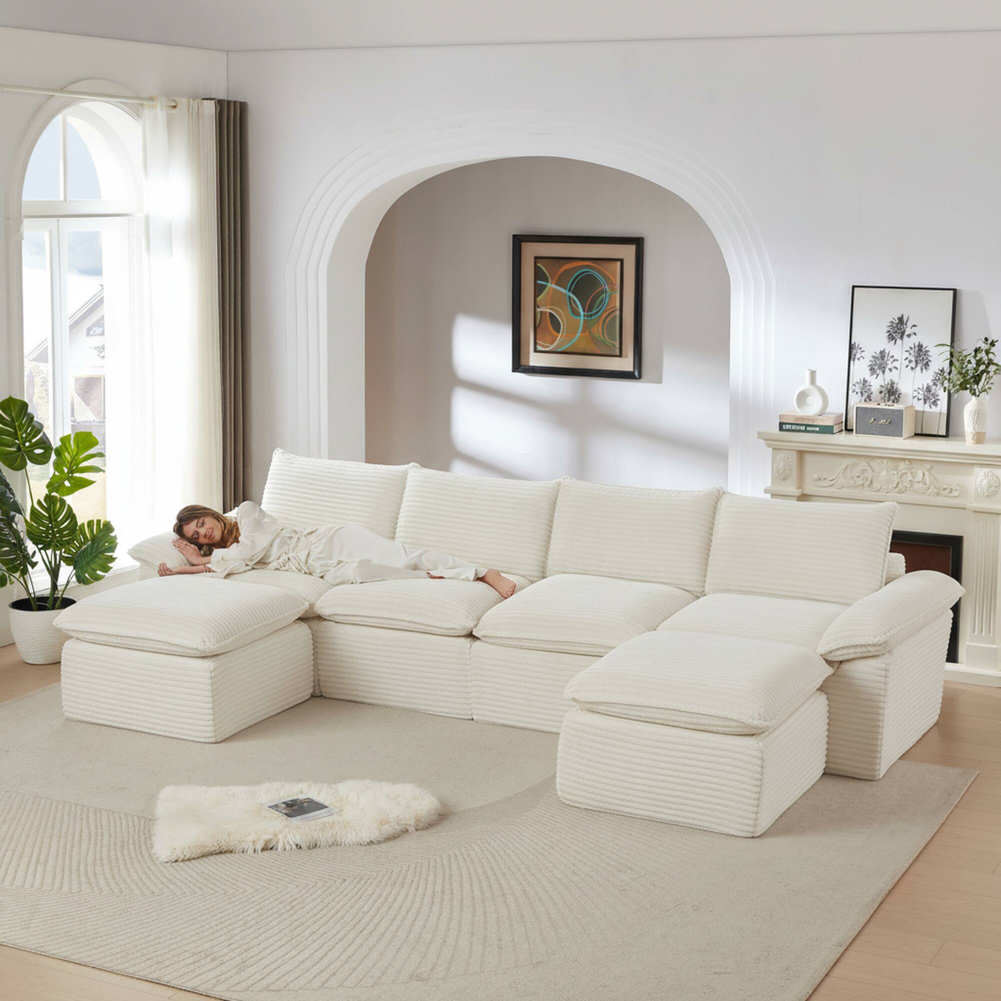 Angle. Loheer - Loheer Modern Corduroy Sectional Sofa Oversized Modular Cloud Couch for Living Room - White.