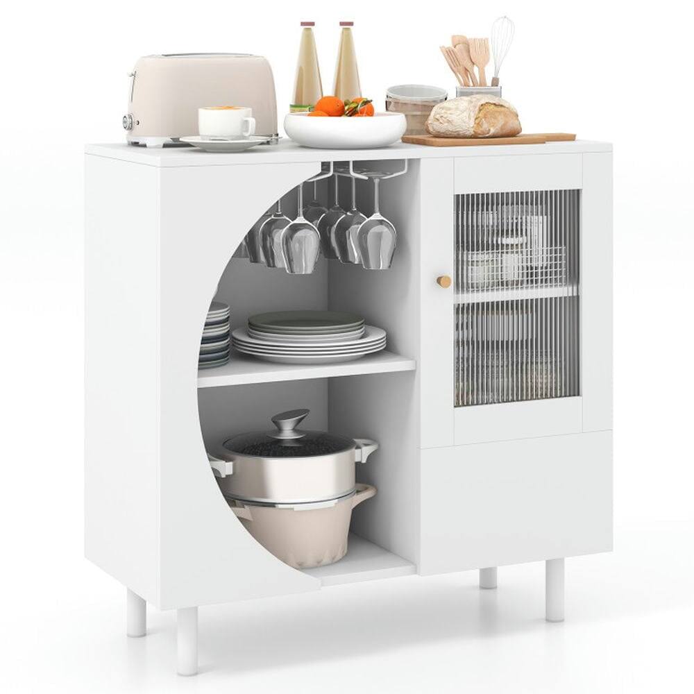 Front. Pefilos - Kitchen Sideboard with Glasses Holder, 2 Open Shelves Cabinet for Indoor as Living Room, Dining Room, White - White.