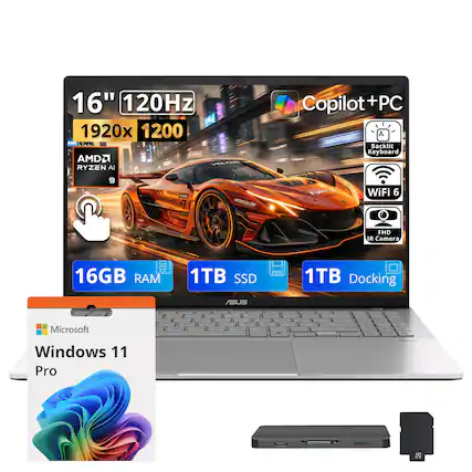 16" 120Hz 1920x1200 AMD RYZEN 9 AI Copilot+PC A Backlit Keyboard
9
VOLTAGE DYNAMICS
NITROGLOW
FURY
WiFi 6
FHD IR Camera
16GB RAM
1TB SSD
1TB Docking
ASUS
Microsoft Windows 11 Pro
