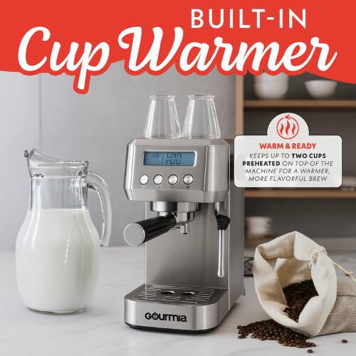 BUILT-IN Cup Warmer

10. I'UU WARM & READY

KEEPS UP TO TWO CUPS PREHEATED ON TOP OF THE MACHINE FOR A WARMER, MORE FLAVORFUL BREW

Gourmia